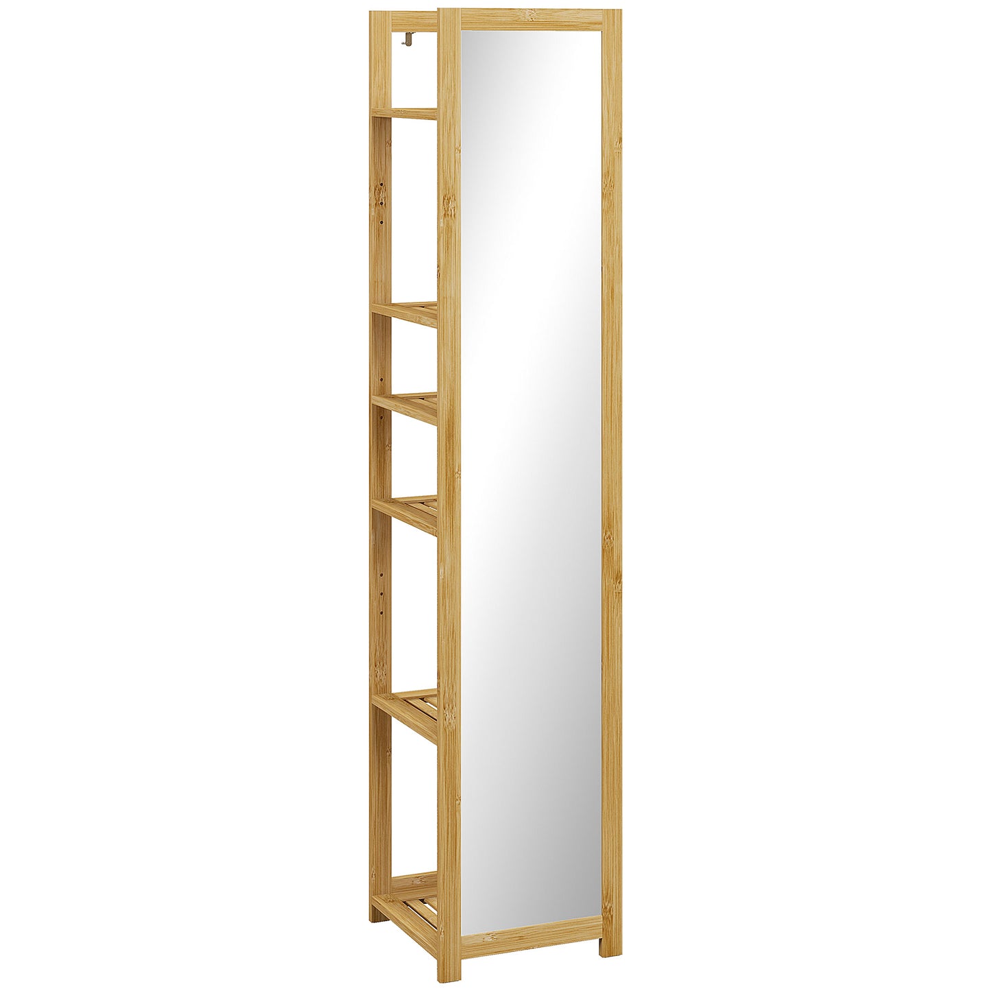 Standing Full Length Mirror with 6-Tier Storage Shelf, 66" x 14", Natural Wood