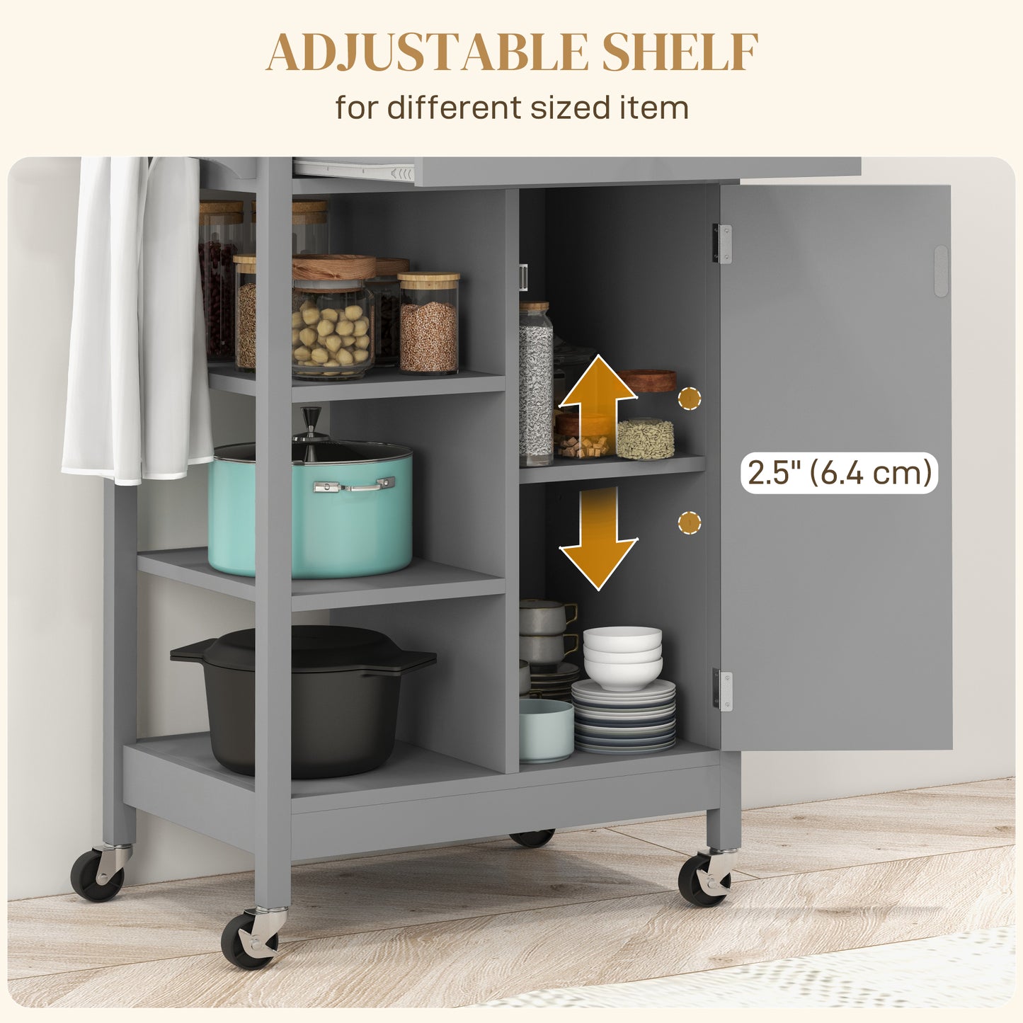Modern Rolling Kitchen Island Cart with Natural Wood Top, Grey