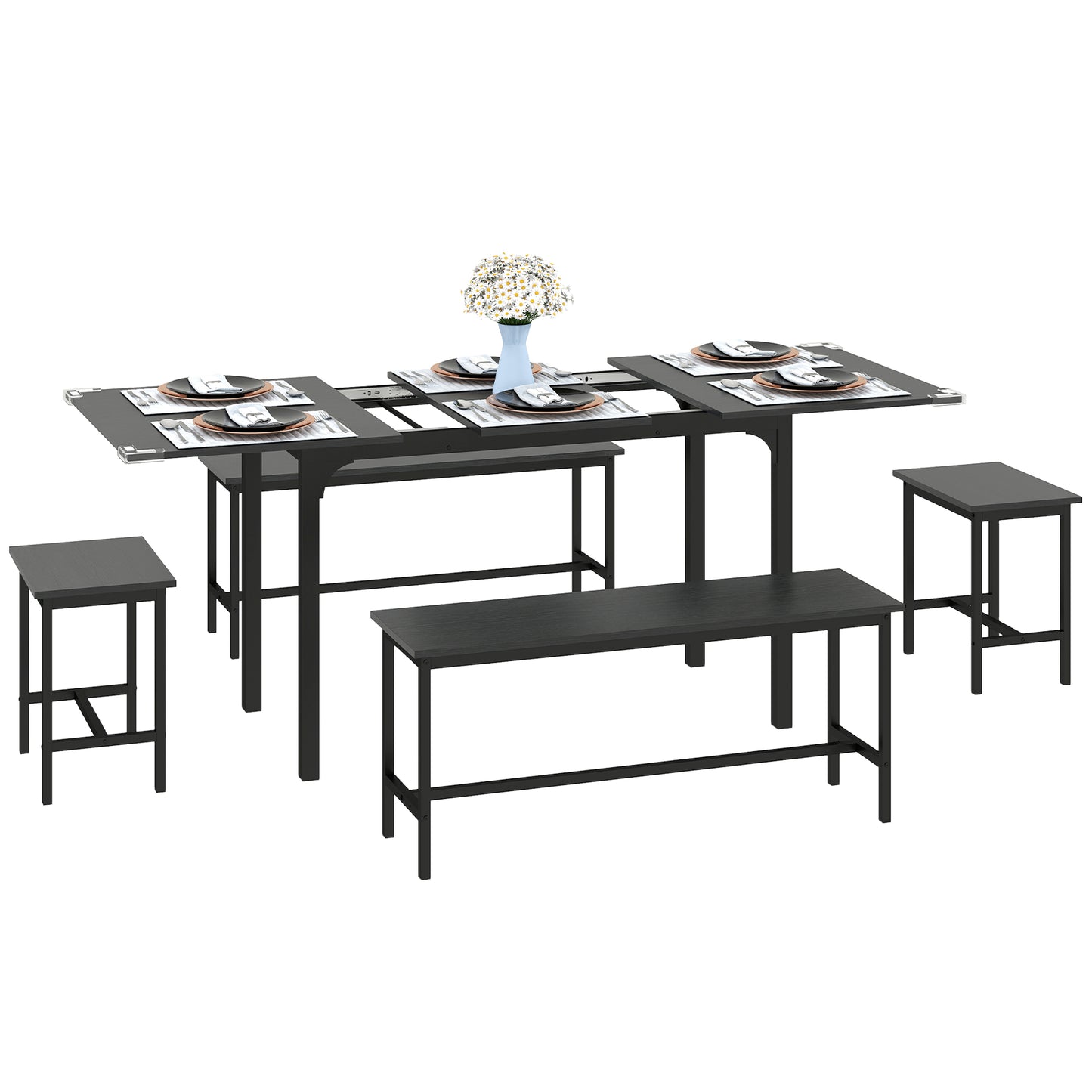 5-Piece Extendable Dining Set with Benches and Stools - Black