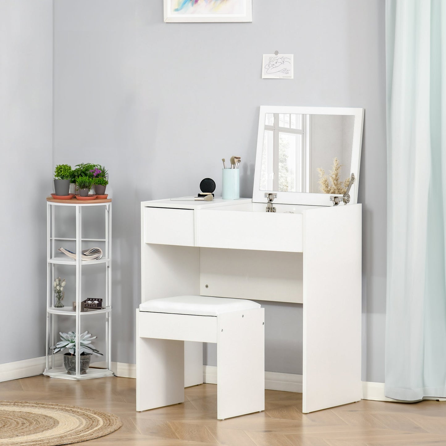 Dressing Table Set with Flip-Top Mirror and Cushioned Stool