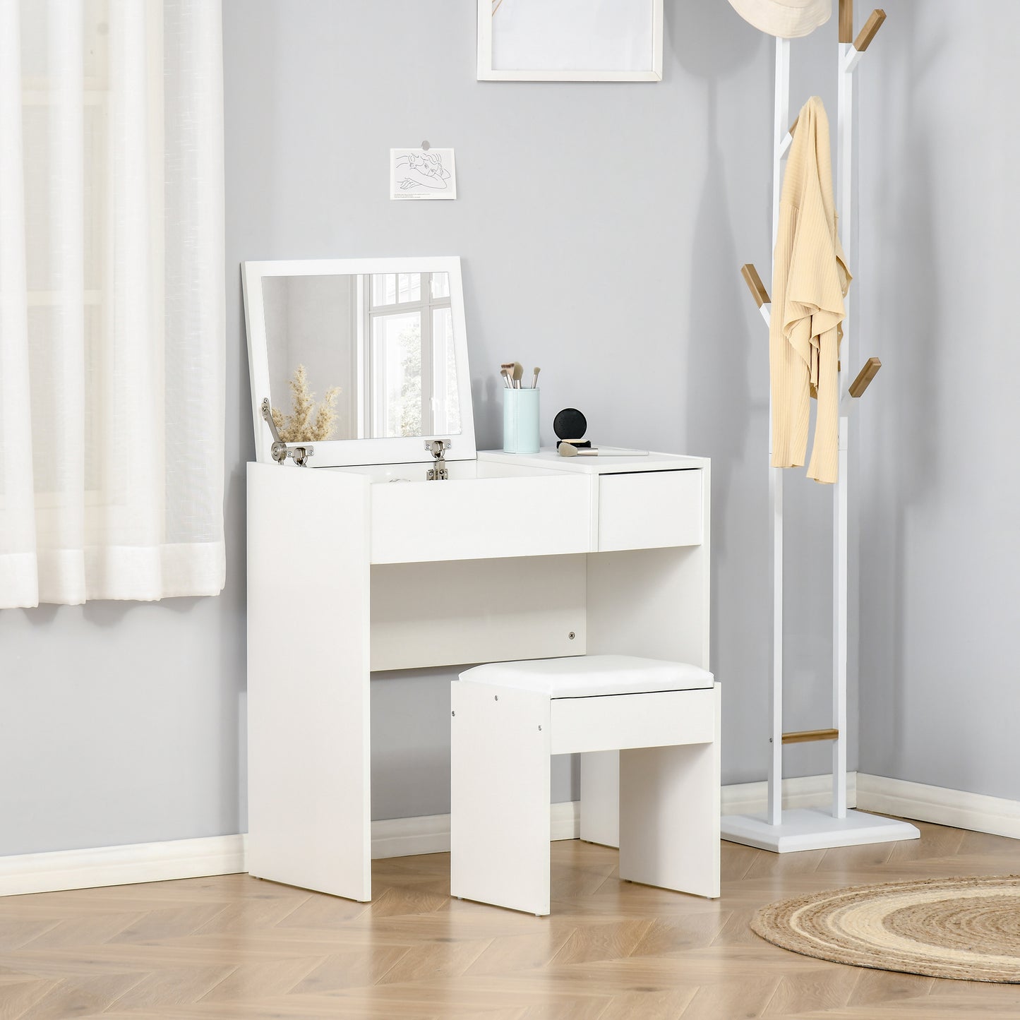 Dressing Table Set with Flip-Top Mirror and Cushioned Stool