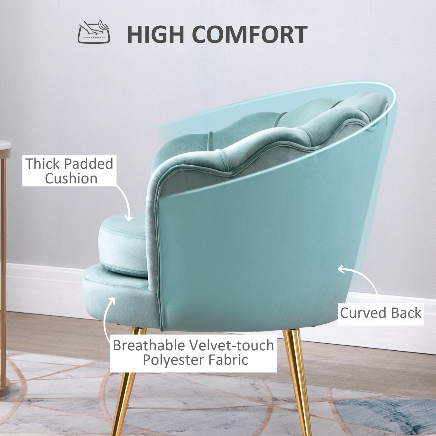 Modern Velvet Accent Chair with Lotus Backrest and Gold Legs, Green