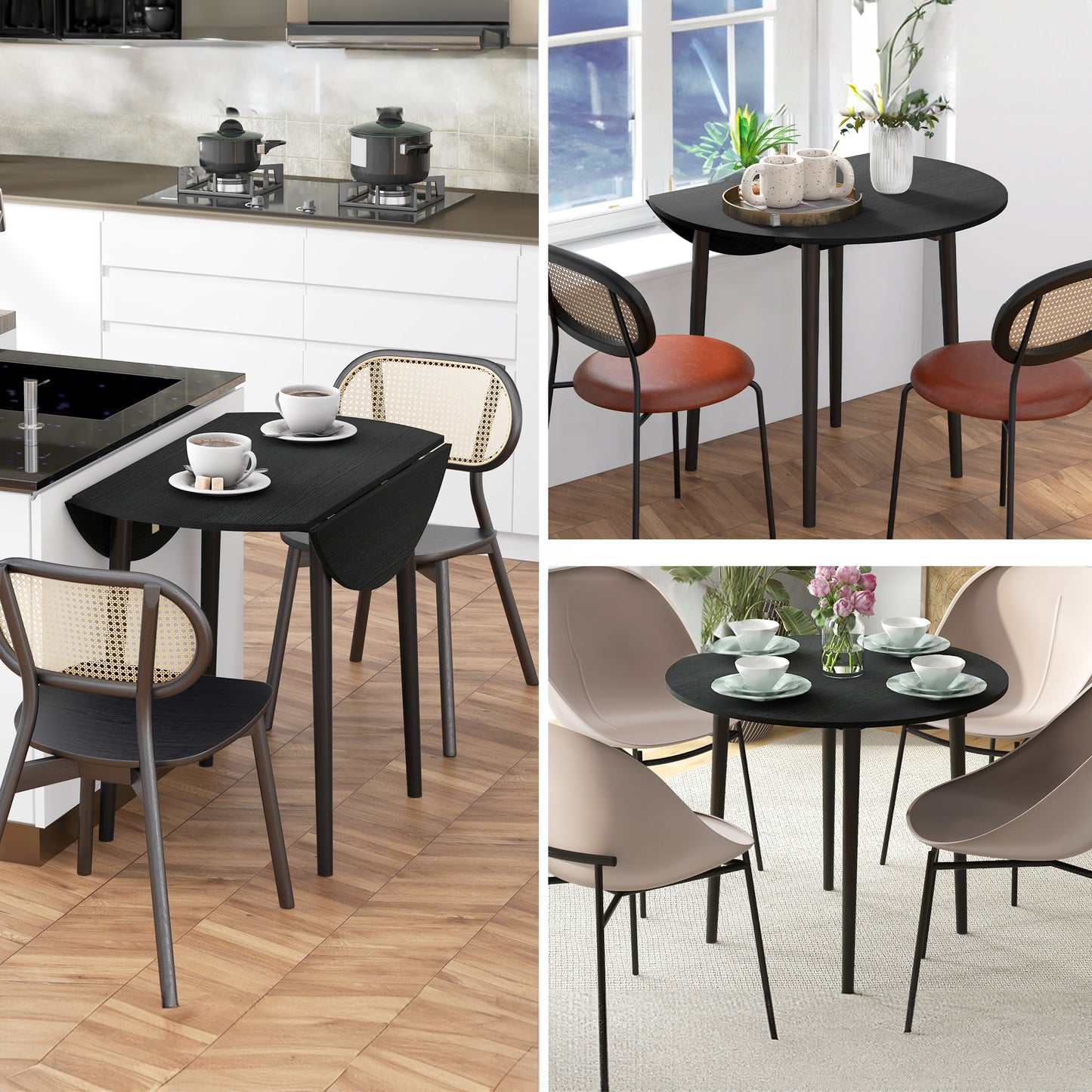 Black Round Folding Dining Table with Drop Leaf