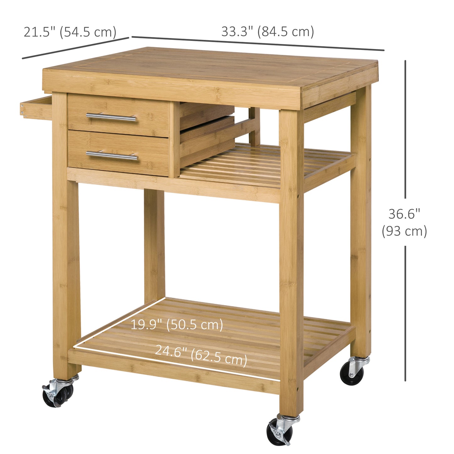 Bamboo Rolling Kitchen Island Trolley with Drawers and Shelves