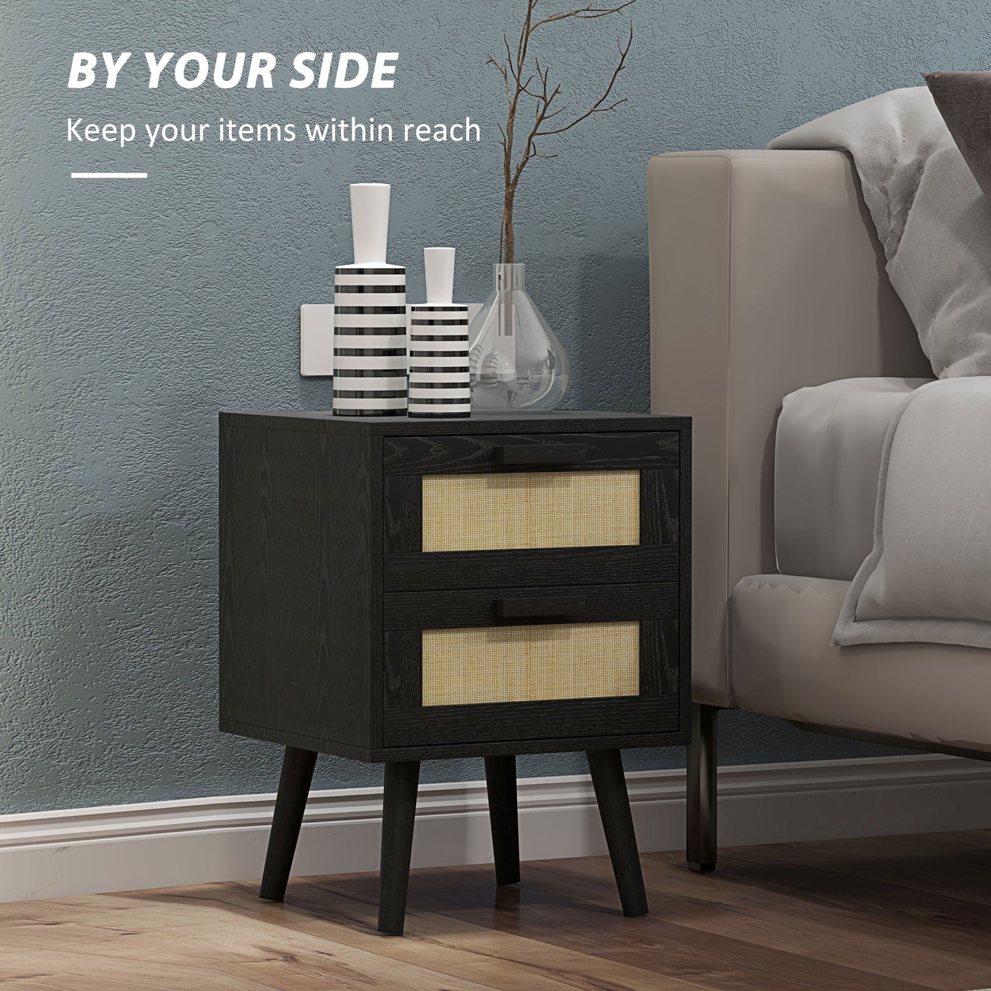 Boho Nightstands with Woven Rattan Drawers, Black (Set of 2)