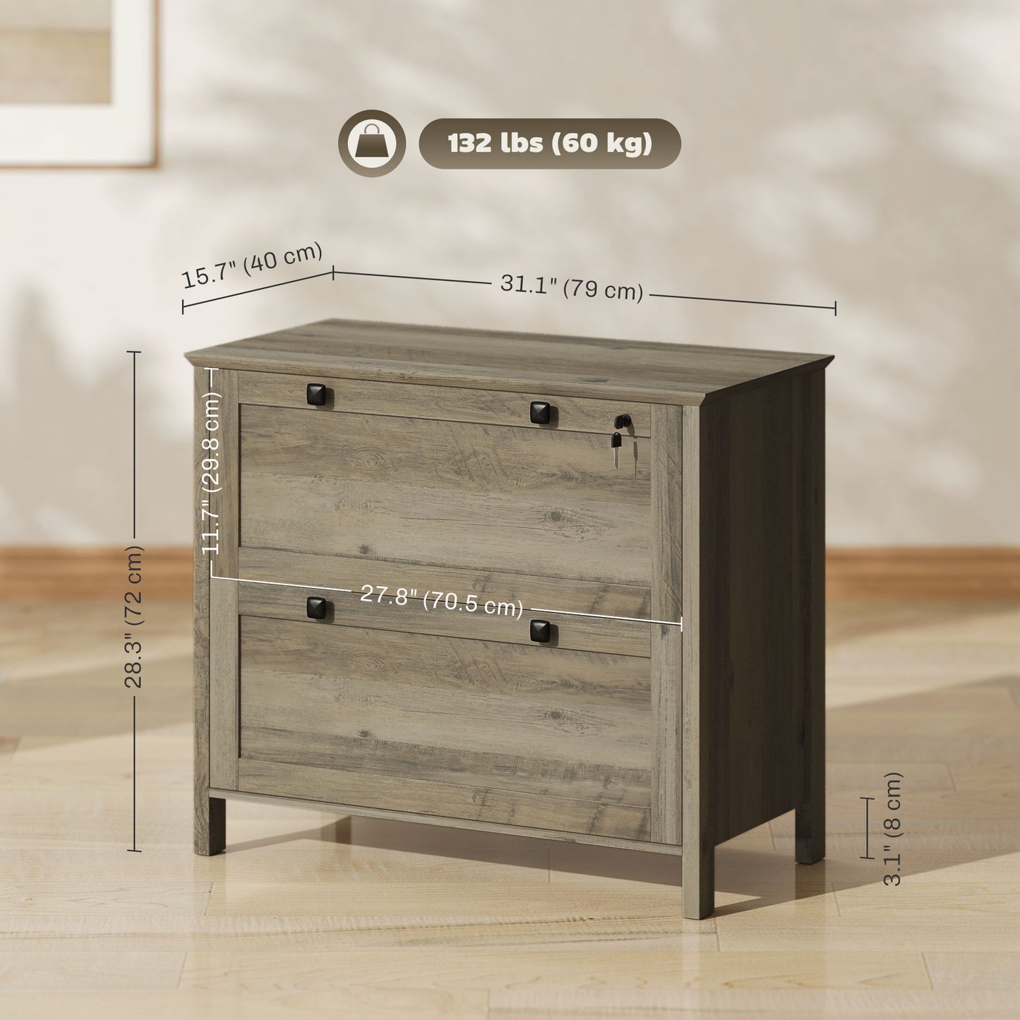 2-Drawer Wooden File Cabinet with Lock - Grey