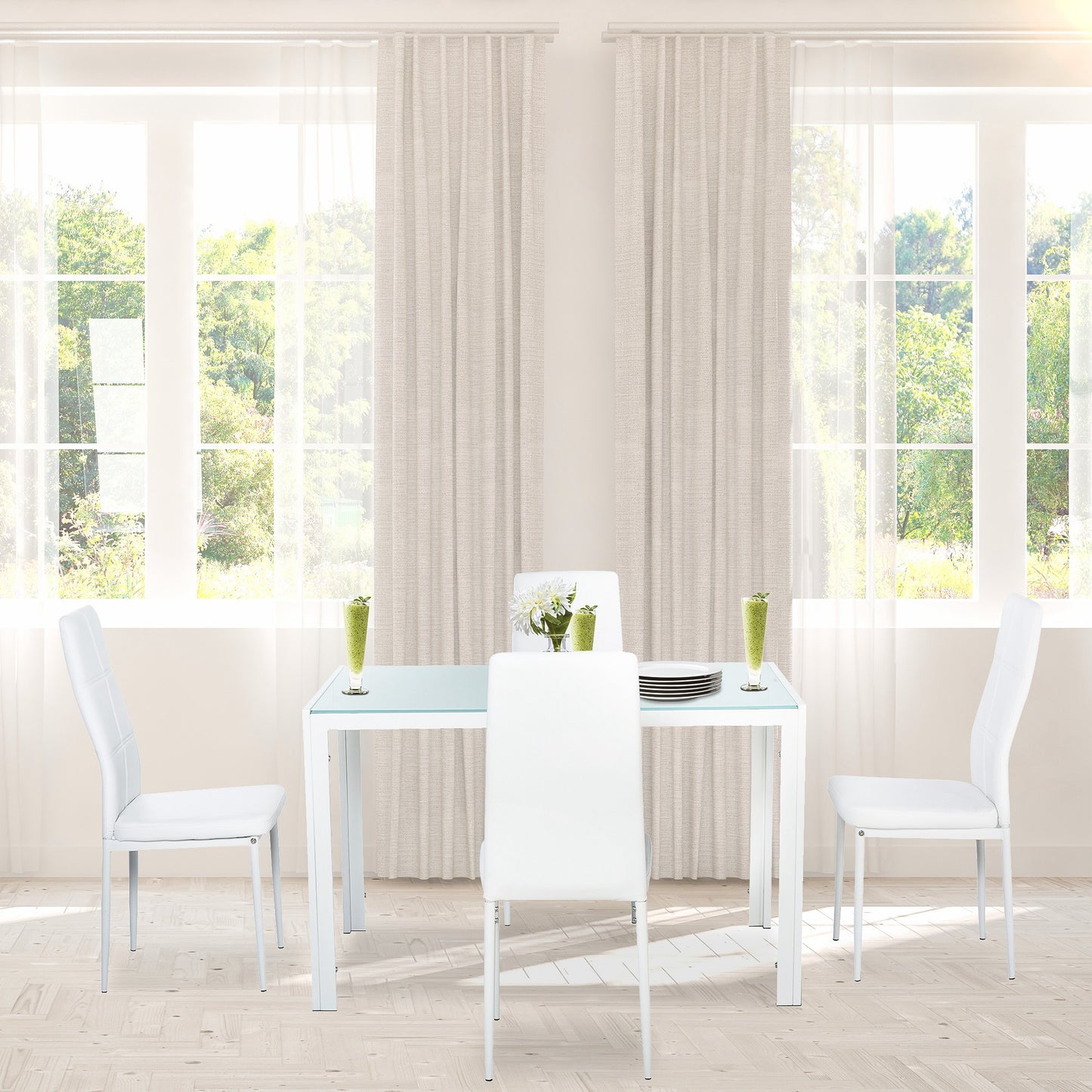 5-Piece White Glass Dining Table Set with Faux Leather Chairs