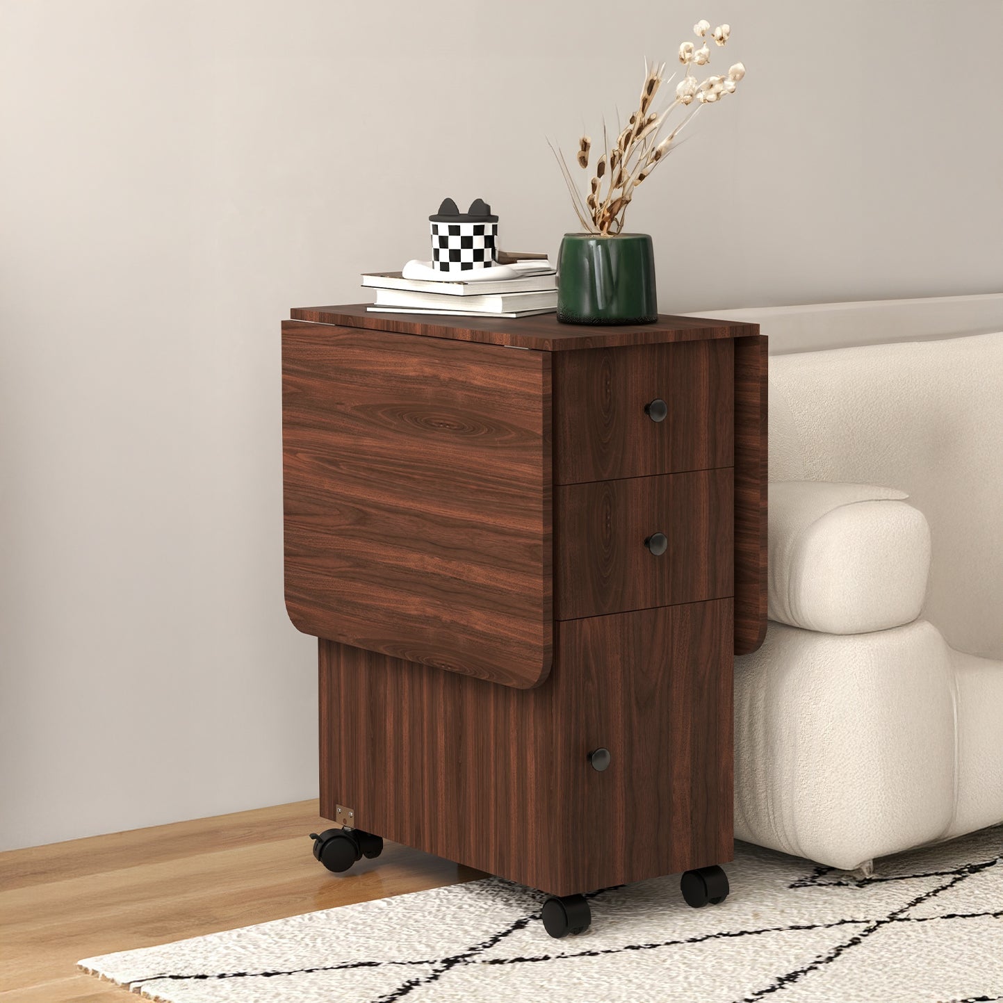 Drop Leaf Dining Table with Drawers and Cabinet - Brown
