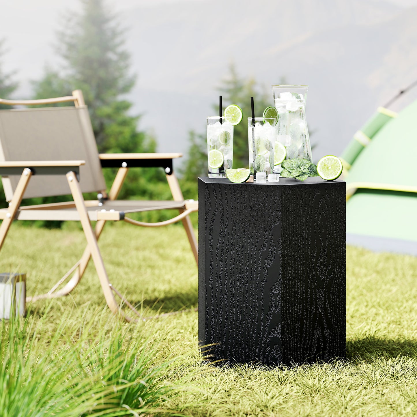 Hexagonal Wood Grain Side Table for Indoor and Outdoor Use, Black