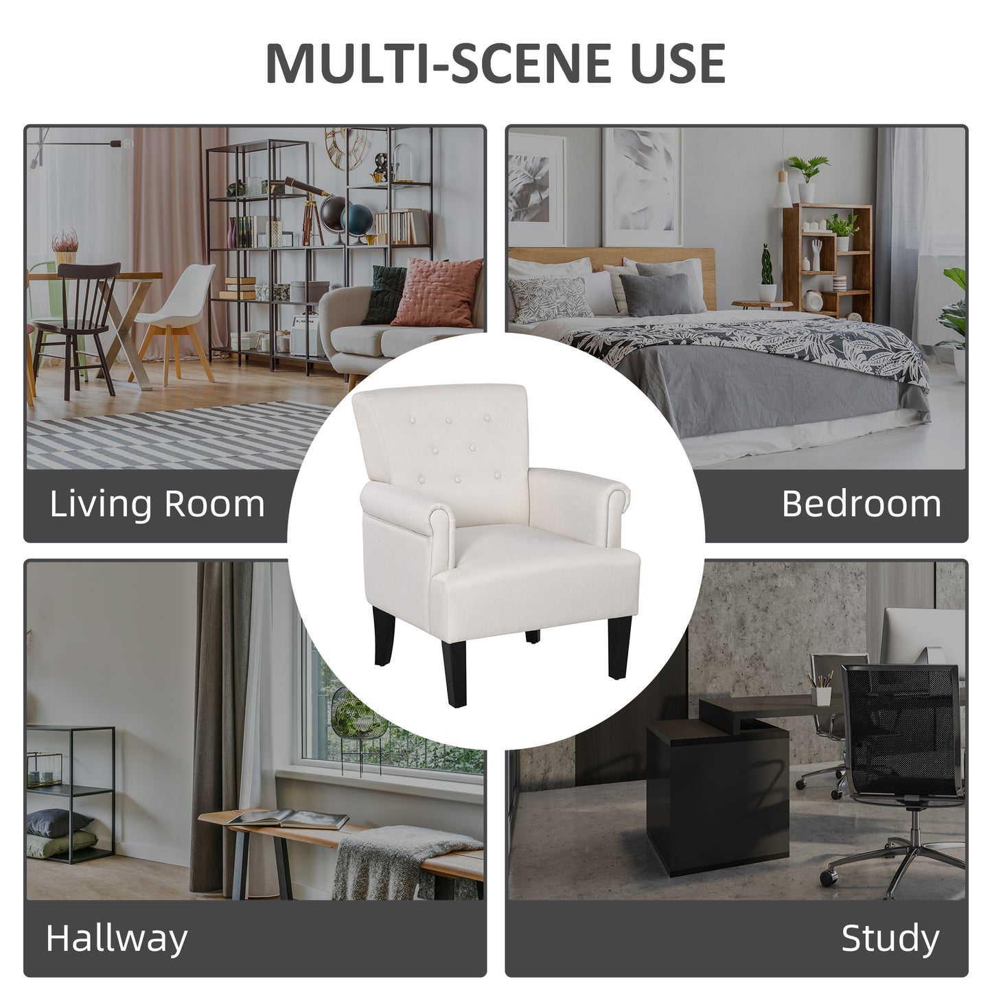 Fabric Accent Chair with Wood Legs and Rolled Arms, Cream White