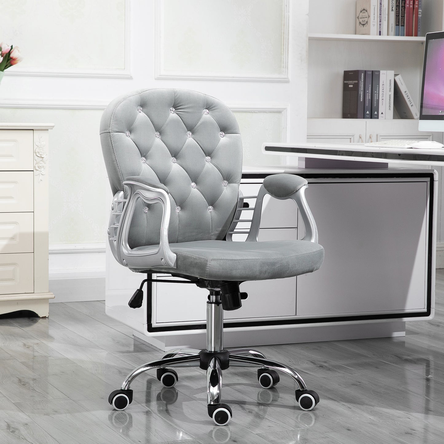 Button-Tufted Office Chair with Adjustable Height - Gray