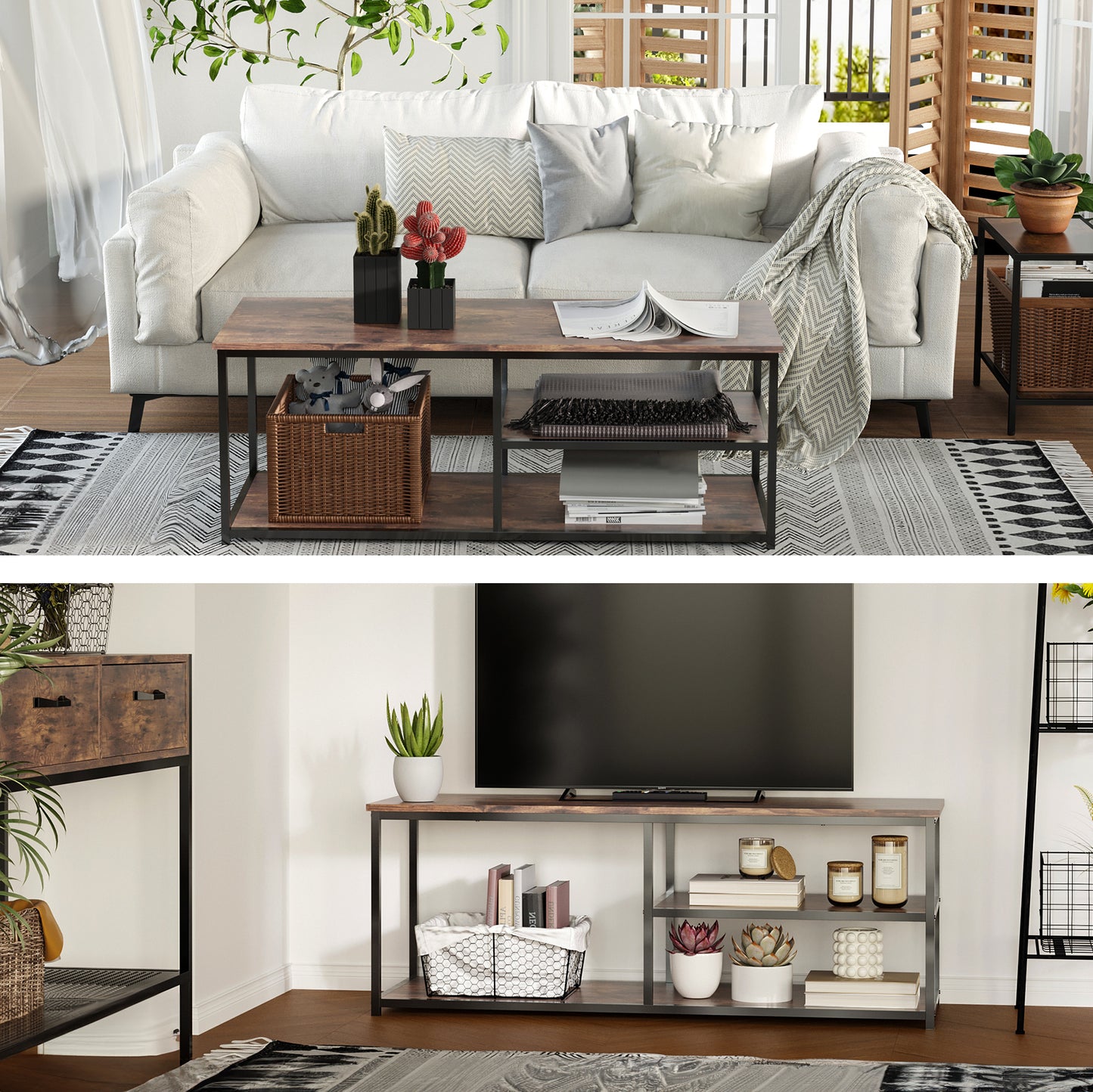 Industrial TV Stand with Metal Frame and Storage Cabinet