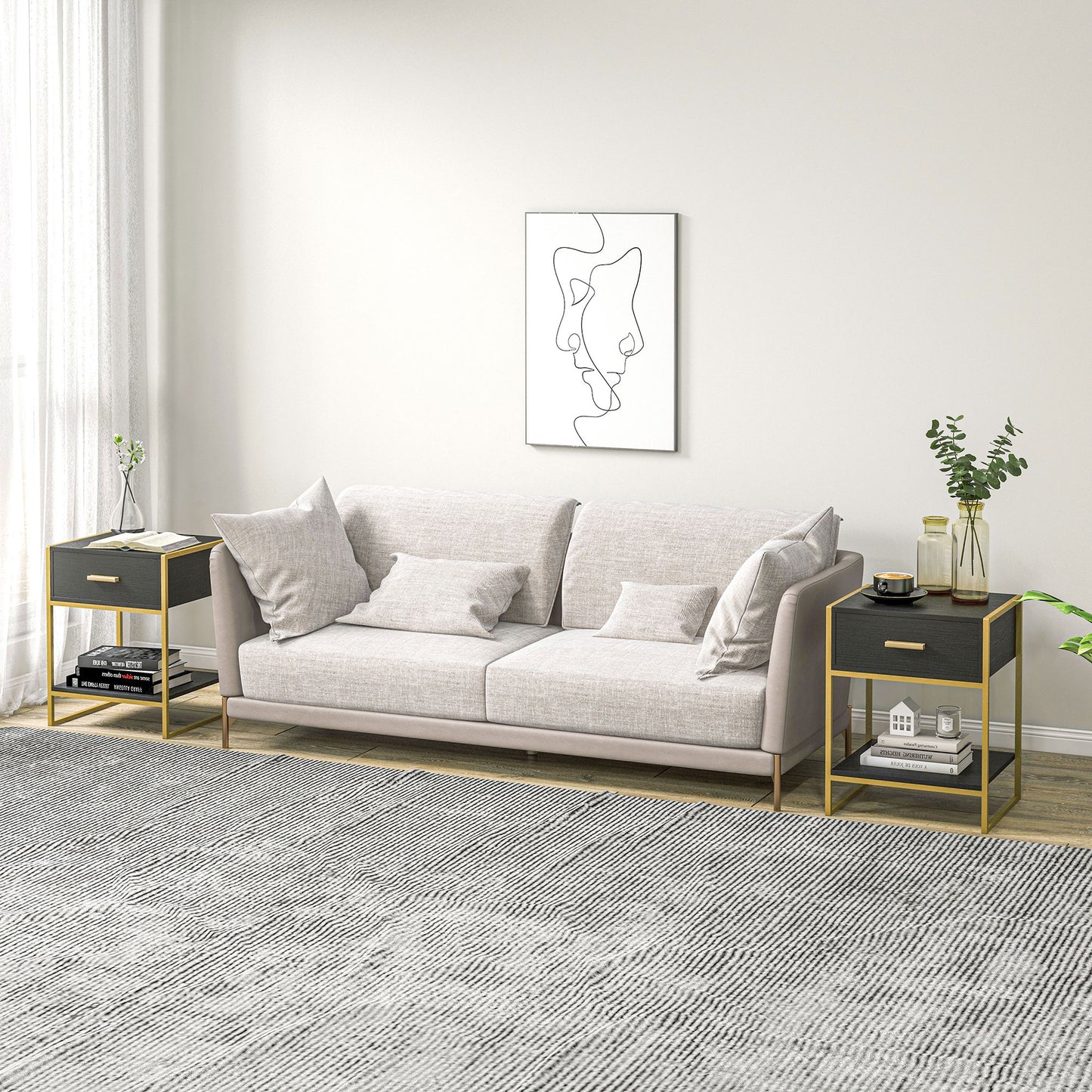 Modern Nightstands with Gold Steel Frame and Drawer, Black (Set of 2)