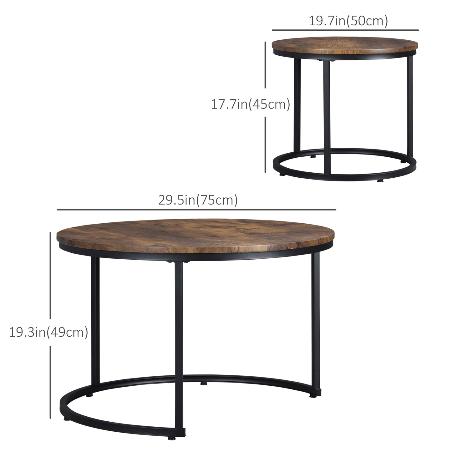 29" Round Nesting Coffee Tables with Metal Base, Rustic Brown (Set of 2)