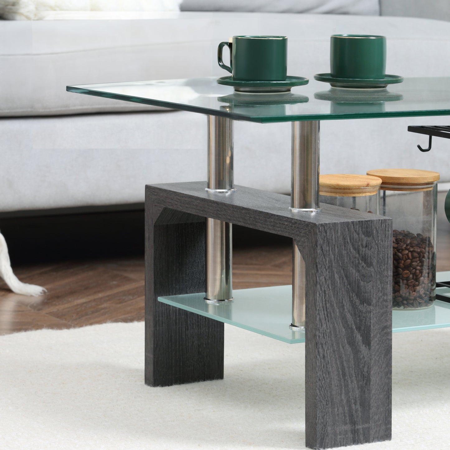 Modern Rectangular Coffee Table with Tempered Glass - Grey