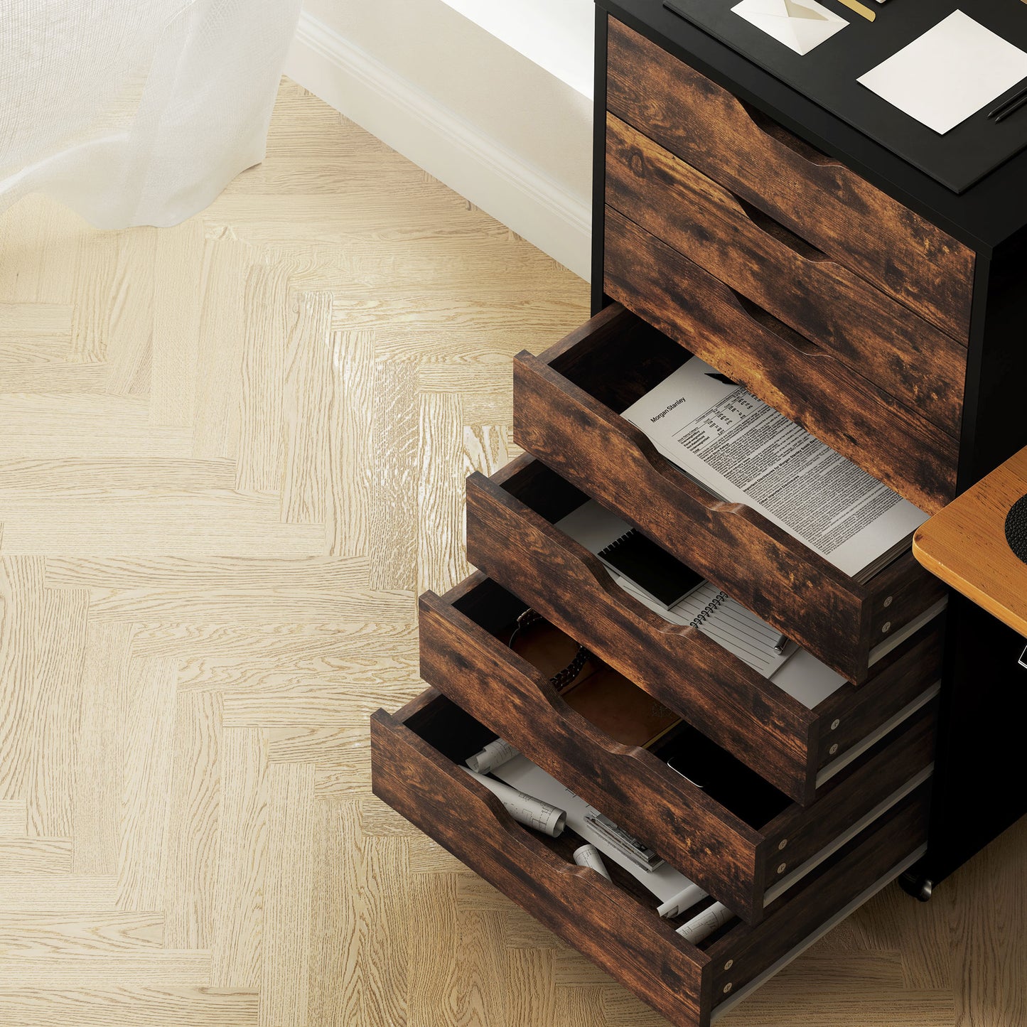 7-Drawer Mobile Storage Cabinet for Home Office - Rustic Brown