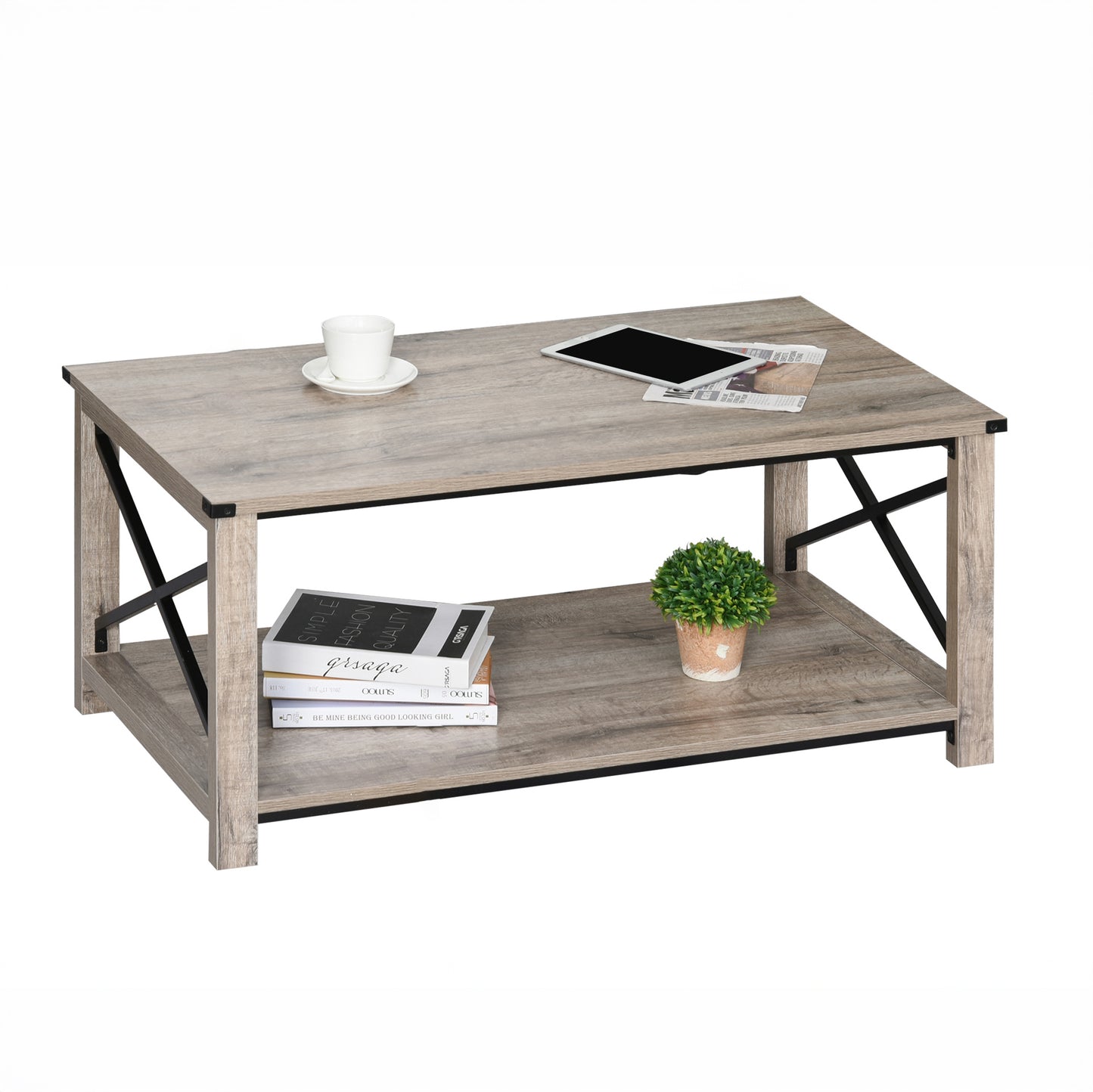 Coffee Table with X-Bar Storage Shelf, Oak