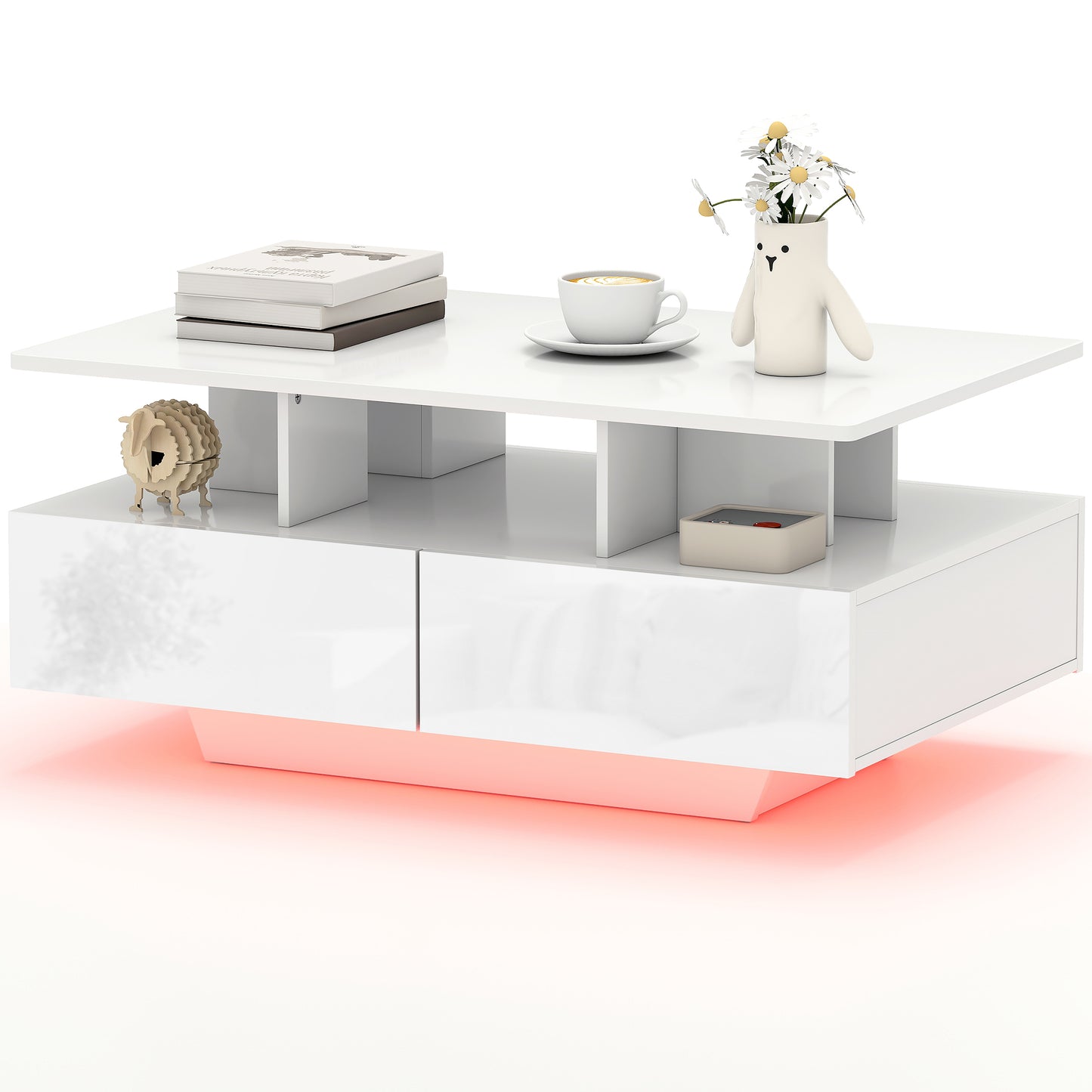 RGB LED Coffee Table with 4 Drawers, High Gloss White