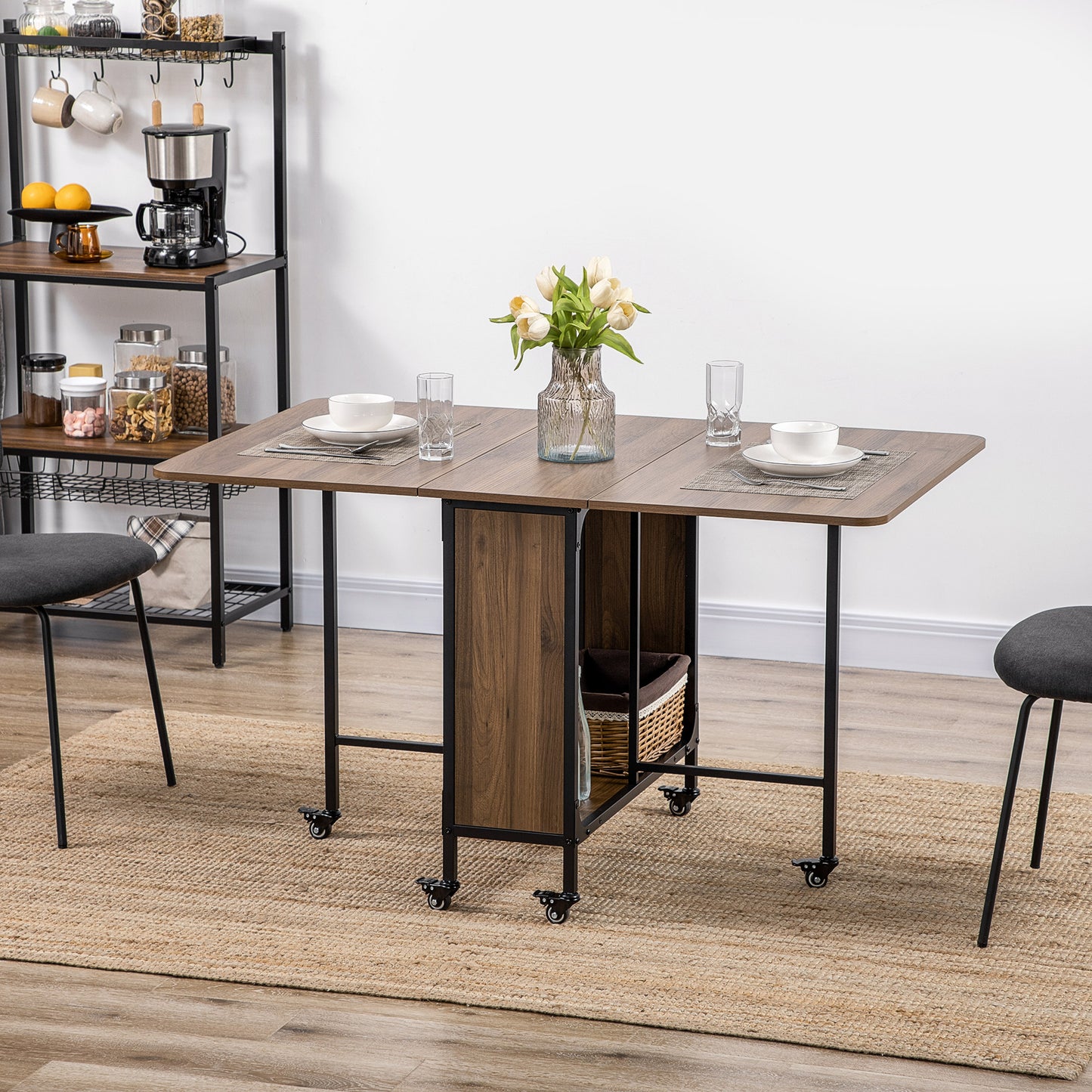 Folding Dining Table with Storage Shelf and 6 Wheels - Light Brown