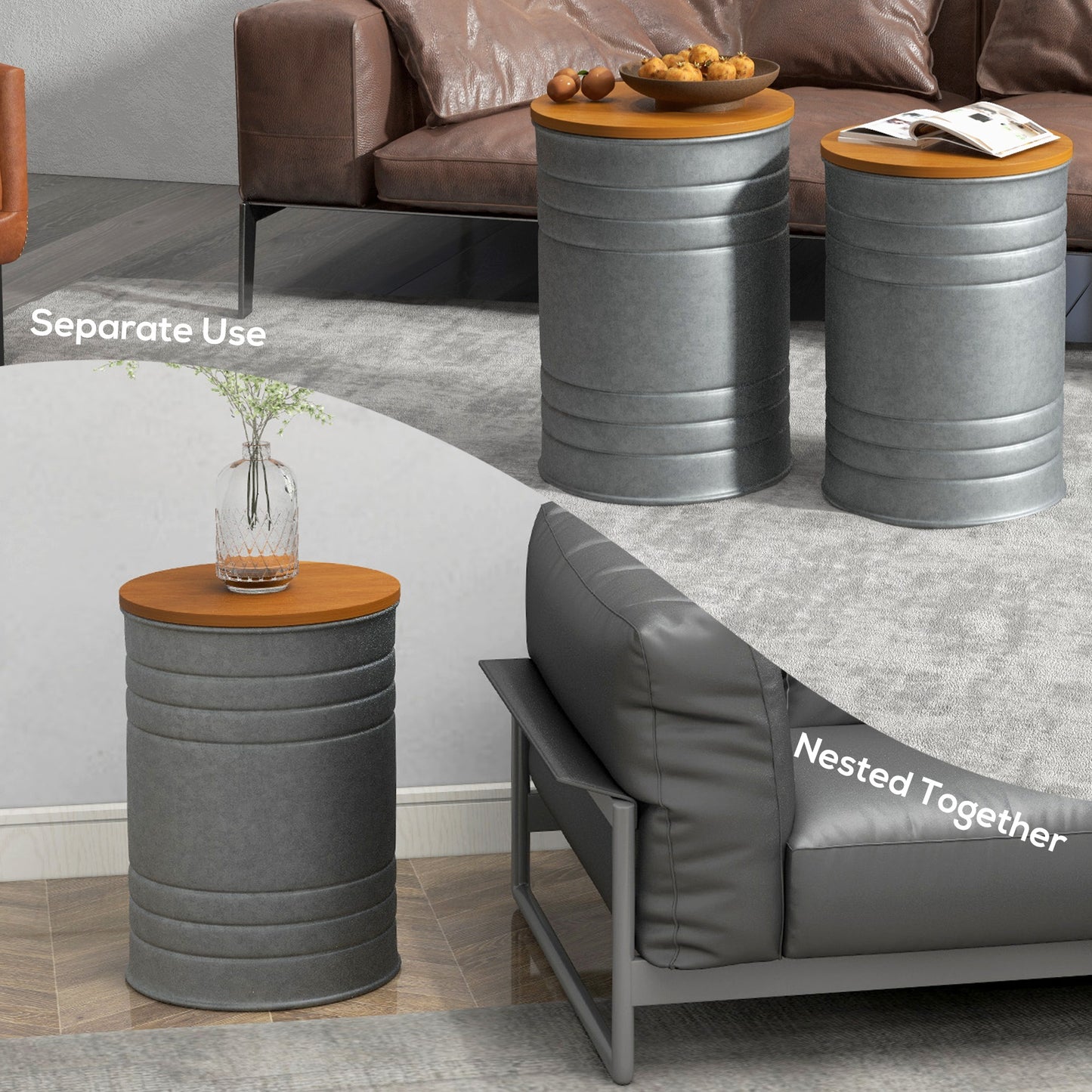 Round Nesting Side Tables with Hidden Storage and Wooden Lids, Gray (Set of 2)