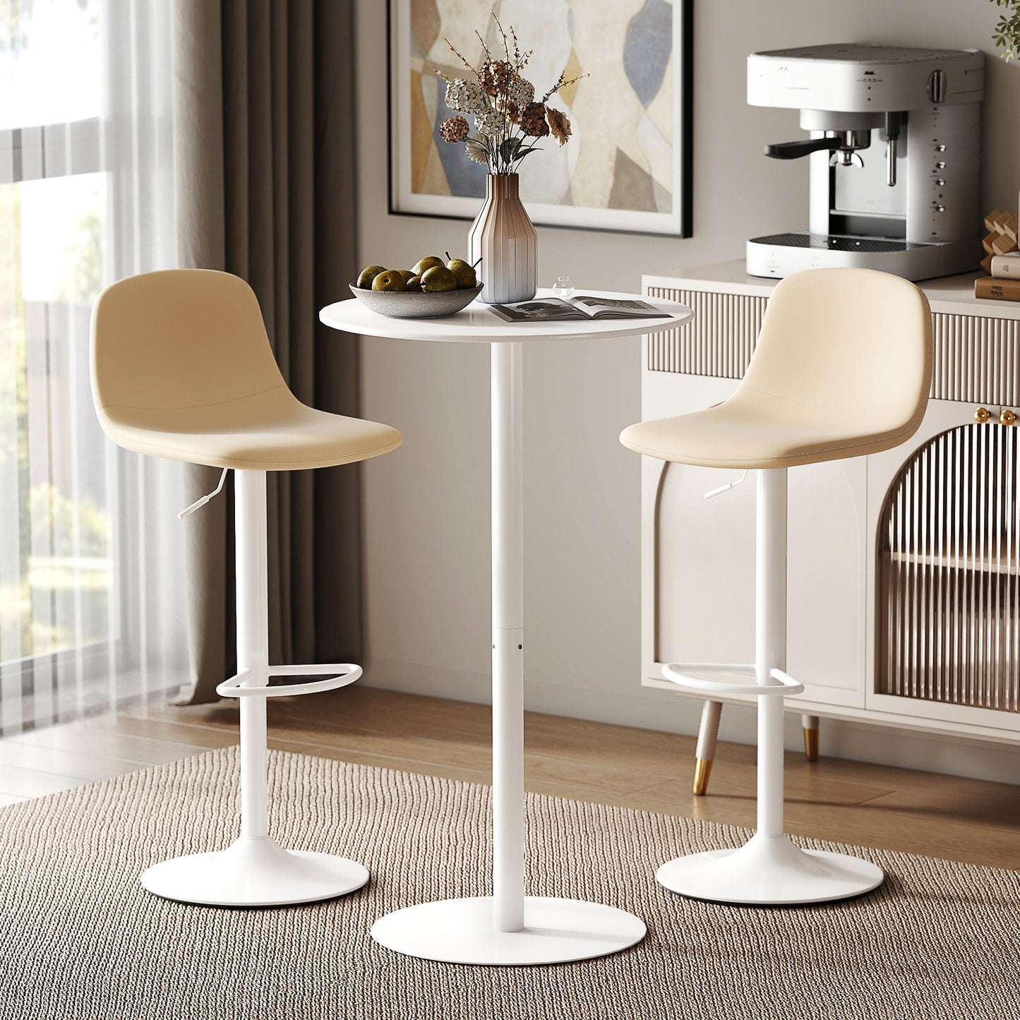 Round Bar Table with Steel Frame for 2 People, Indoor/Outdoor Use, White