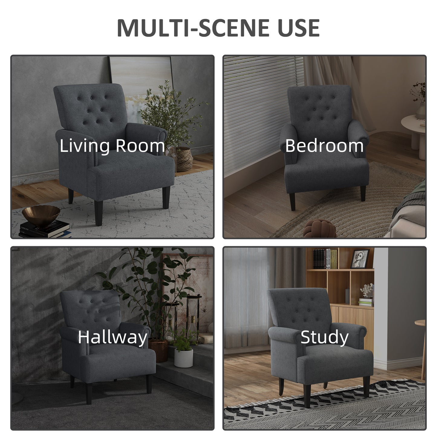 Fabric Accent Chair with Wood Legs and Rolled Arms, Gray