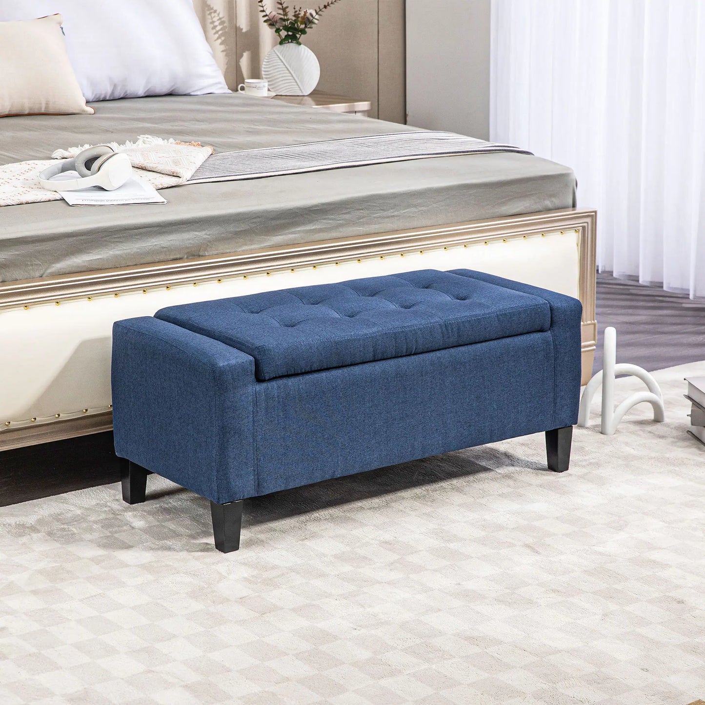 Linen Upholstered Storage Ottoman Bench with Tufted Design, Dark Blue