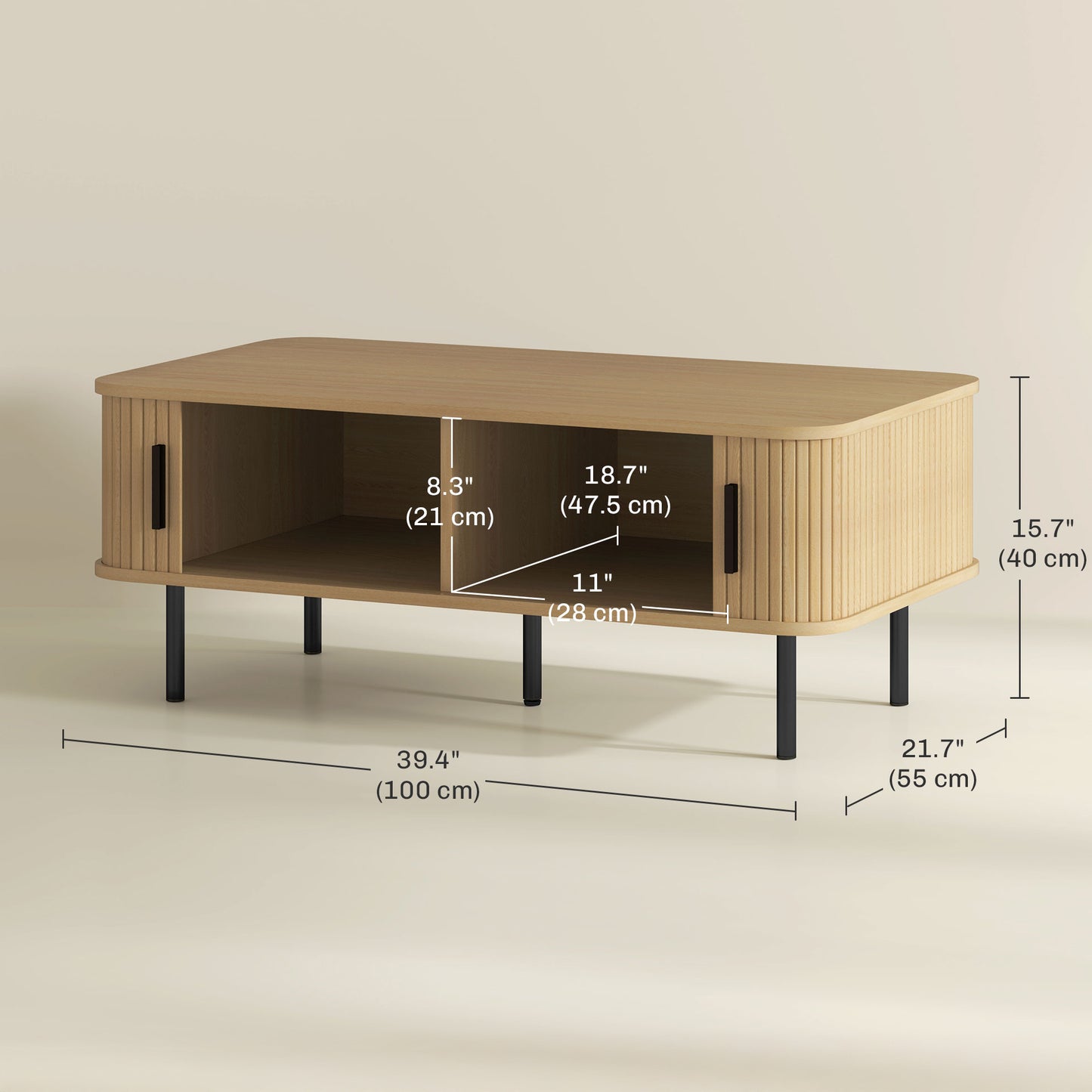 Nordic Coffee Table with Sliding Tambour Doors, Oak