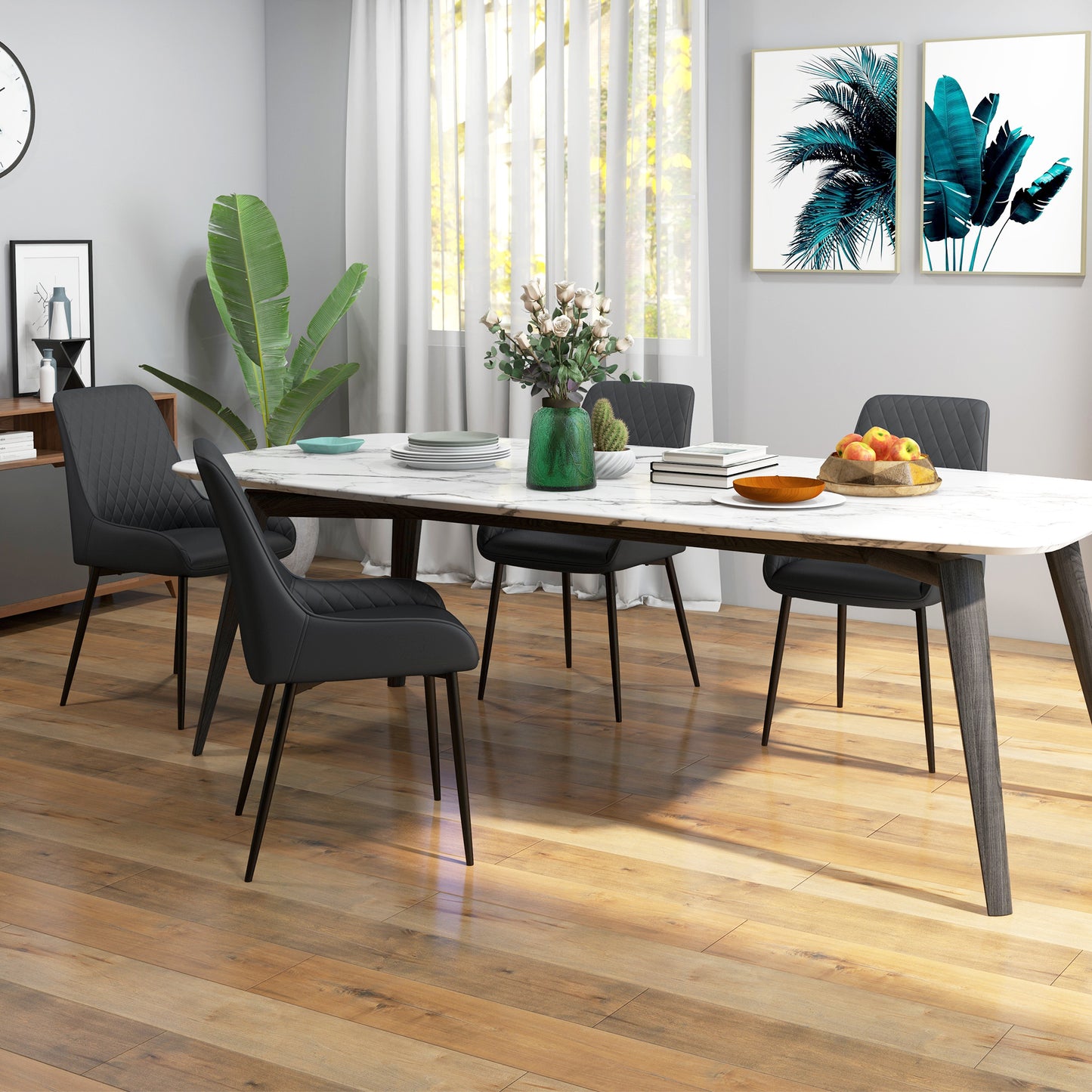 PU Leather Dining Chairs with Diamond Tufting and Metal Legs, Black (Set of 4)
