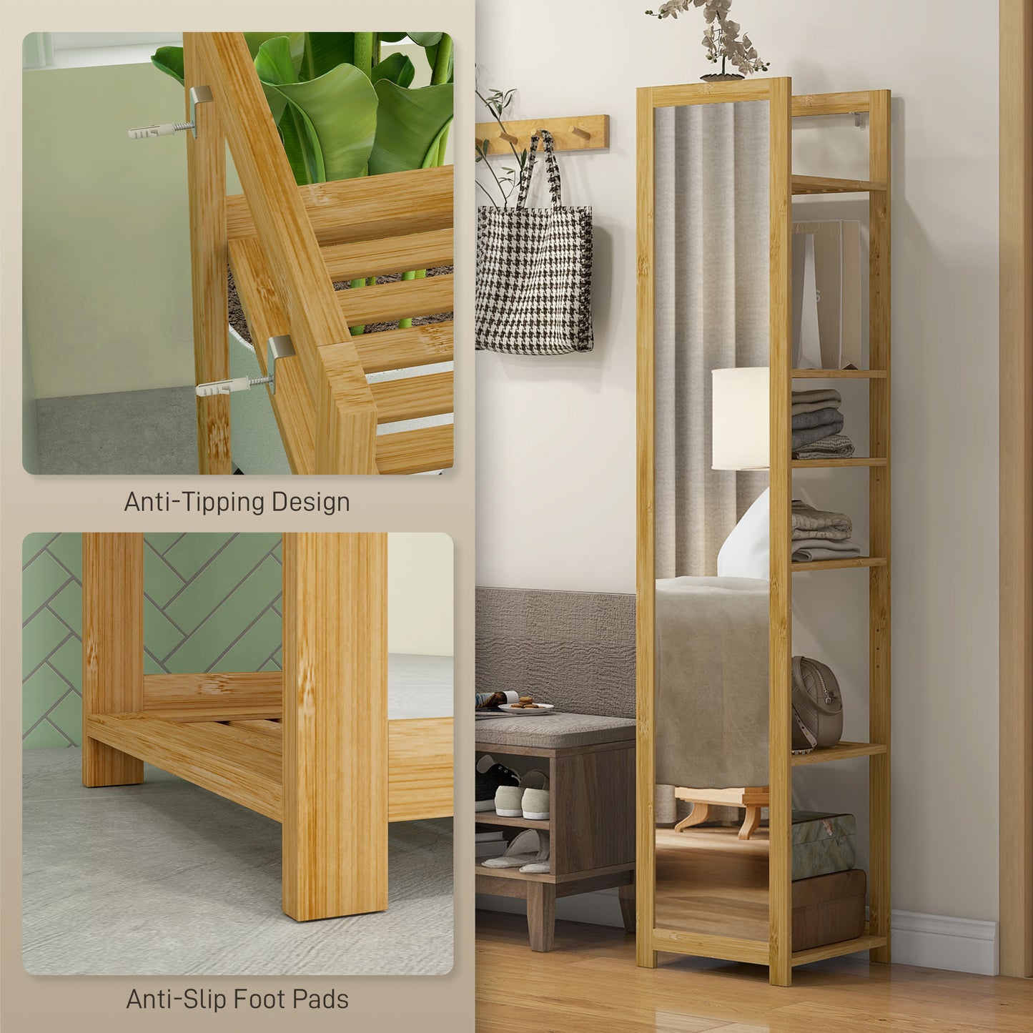 Standing Full Length Mirror with 6-Tier Storage Shelf, 66" x 14", Natural Wood