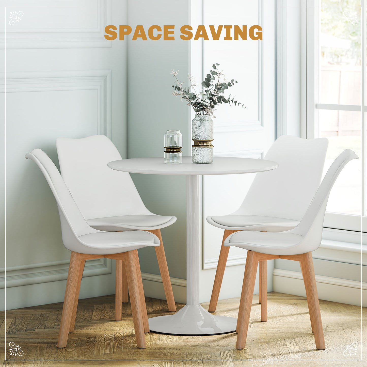 Round Dining Table Set with 4 Padded Chairs and Pedestal Base, White