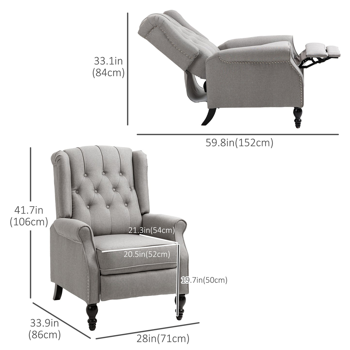 Manual Reclining Chair with Button Tufted Backrest, Light Grey