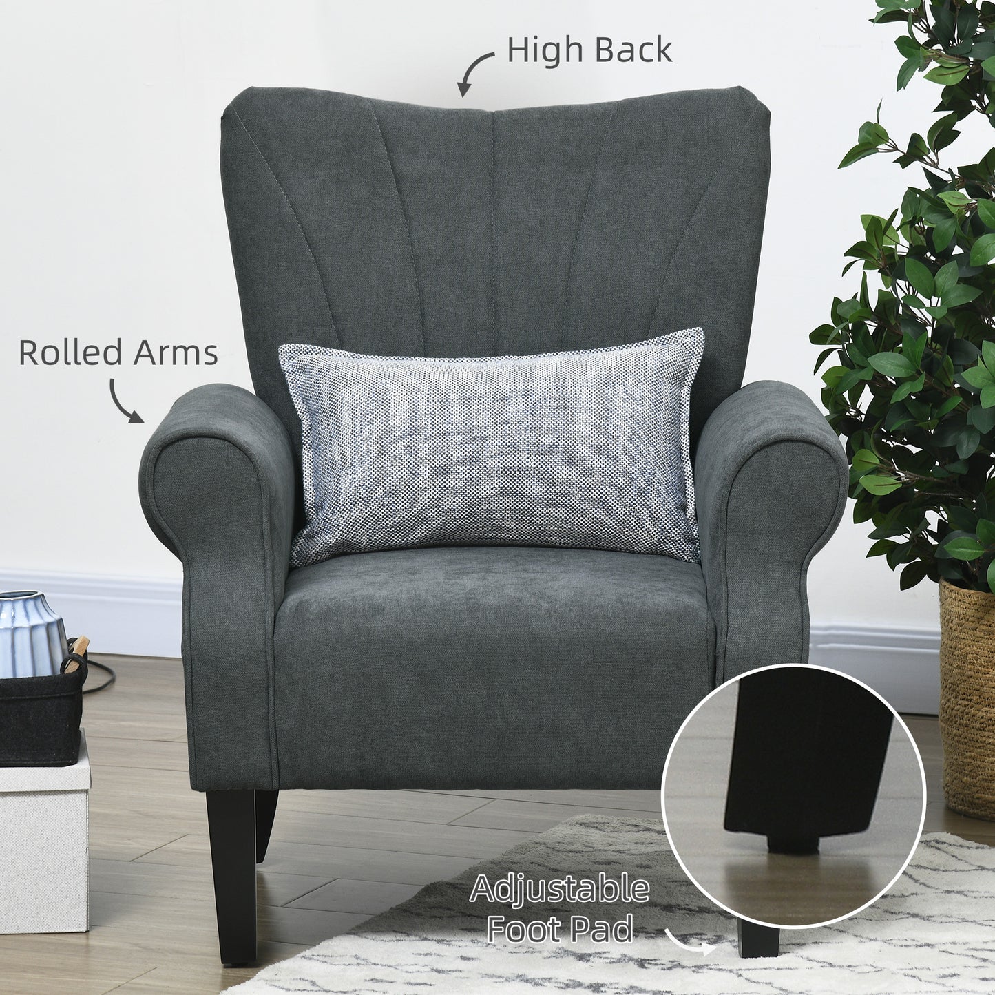 Fabric Wingback Accent Chair with Wood Legs, Dark Gray