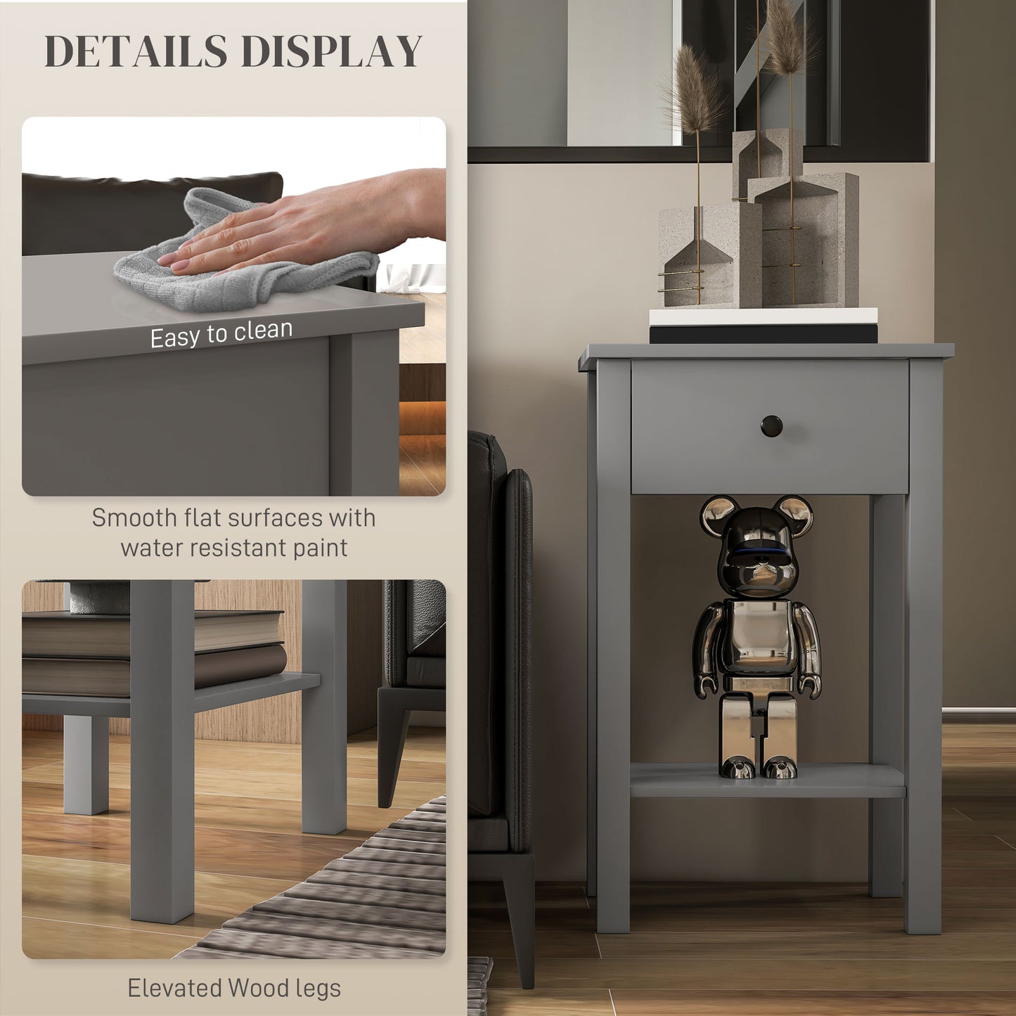 2-Tier Side Tables with Drawer and Shelf, Gray (Set of 2)