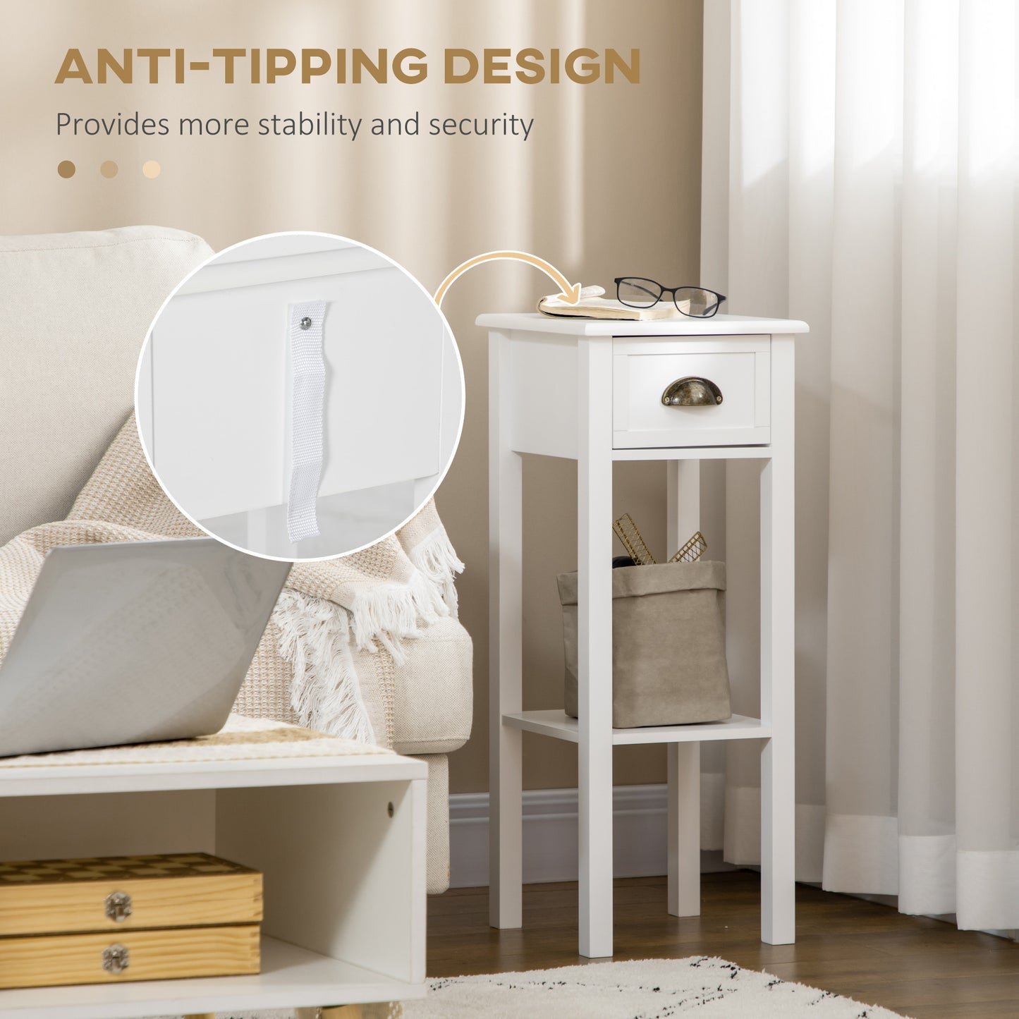 Narrow Tall Side Tables with Drawer and Shelf, White (Set of 2)