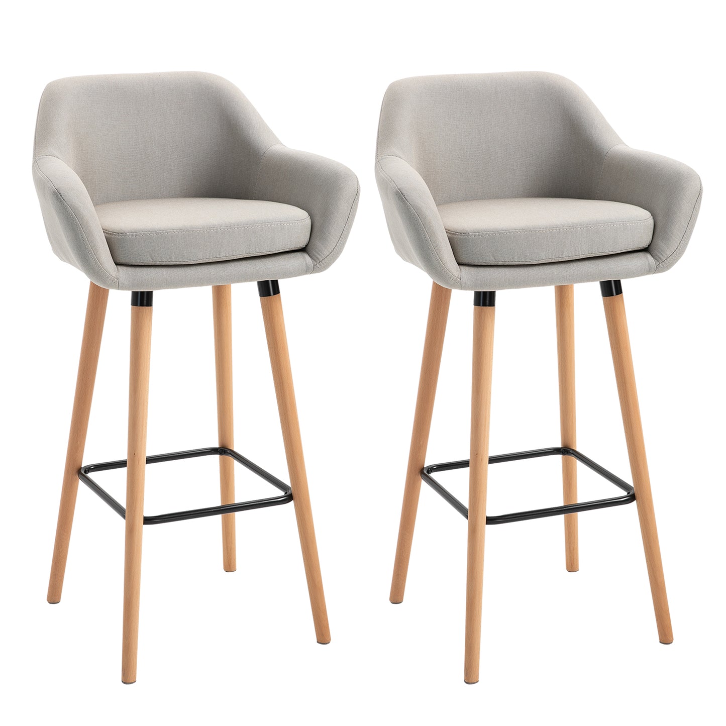 Bar Stools with Linen Fabric and Beech Wood Legs, Beige (Set of 2)