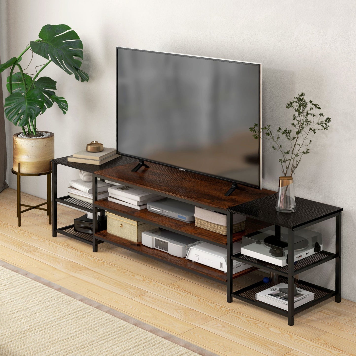 Industrial TV Stand for 80" Screens with Storage Shelves