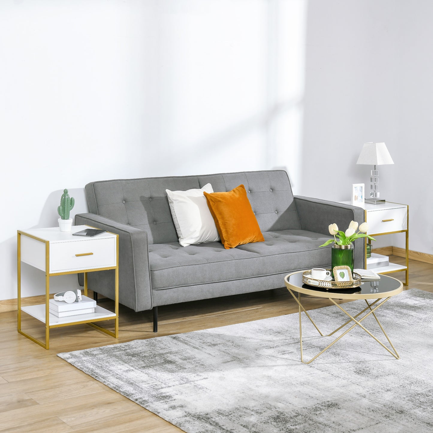 Modern Nightstands with Gold Steel Frame, White (Set of 2)