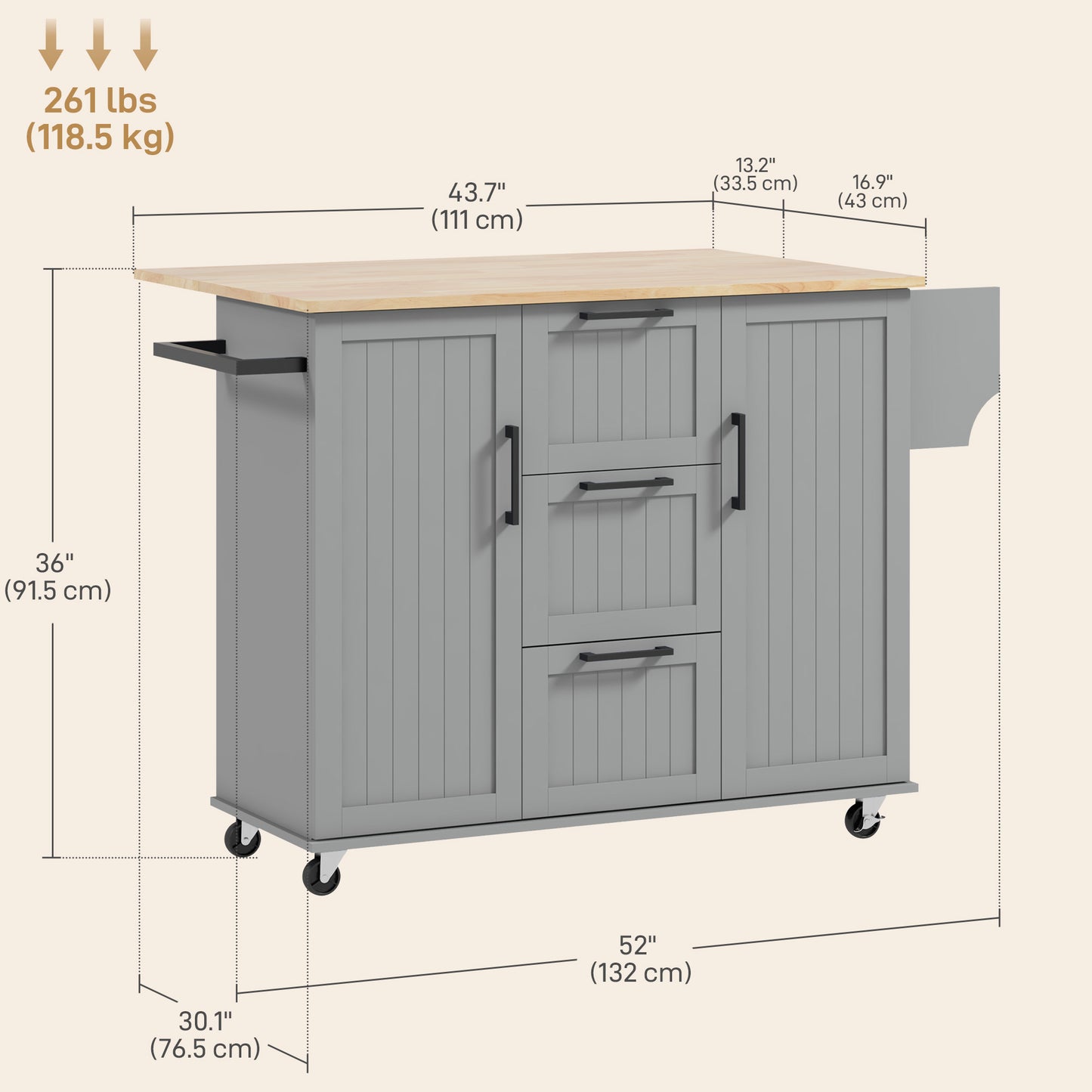Rolling Kitchen Cart with Drop Leaf, 3 Drawers and Solid Wood Top, Grey