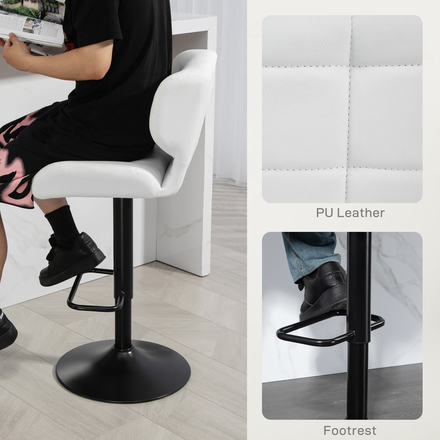Adjustable Height Swivel Bar Stools with Tufted PU Leather, White (Set of 2)