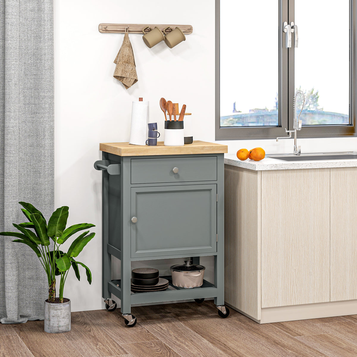 Rolling Kitchen Island Cart with Wood Top and Towel Rack and Drawer, Grey