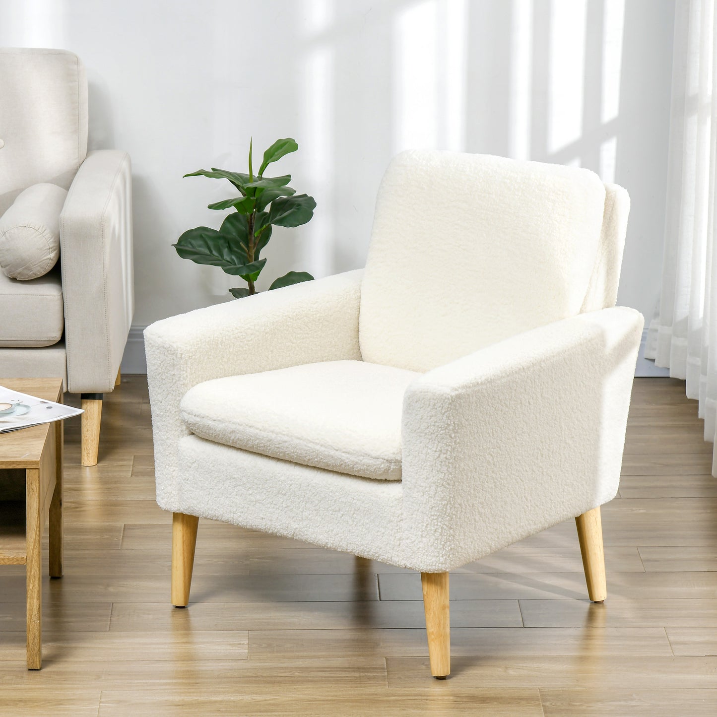 Fabric Accent Chair, Modern Upholstered Armchair with Wood Legs, Cream White