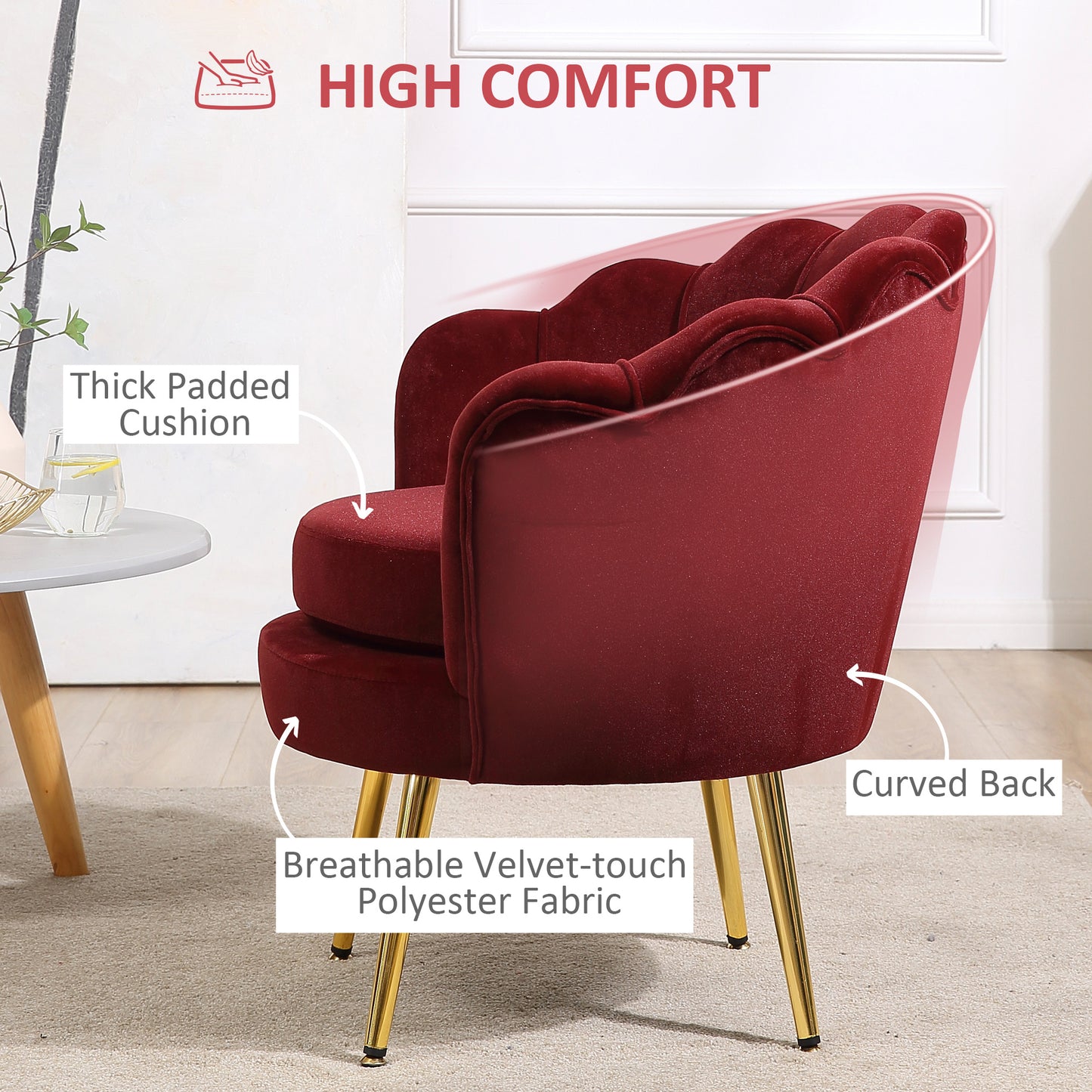 Modern Velvet Accent Chair with Lotus Backrest and Gold Legs, Wine Red