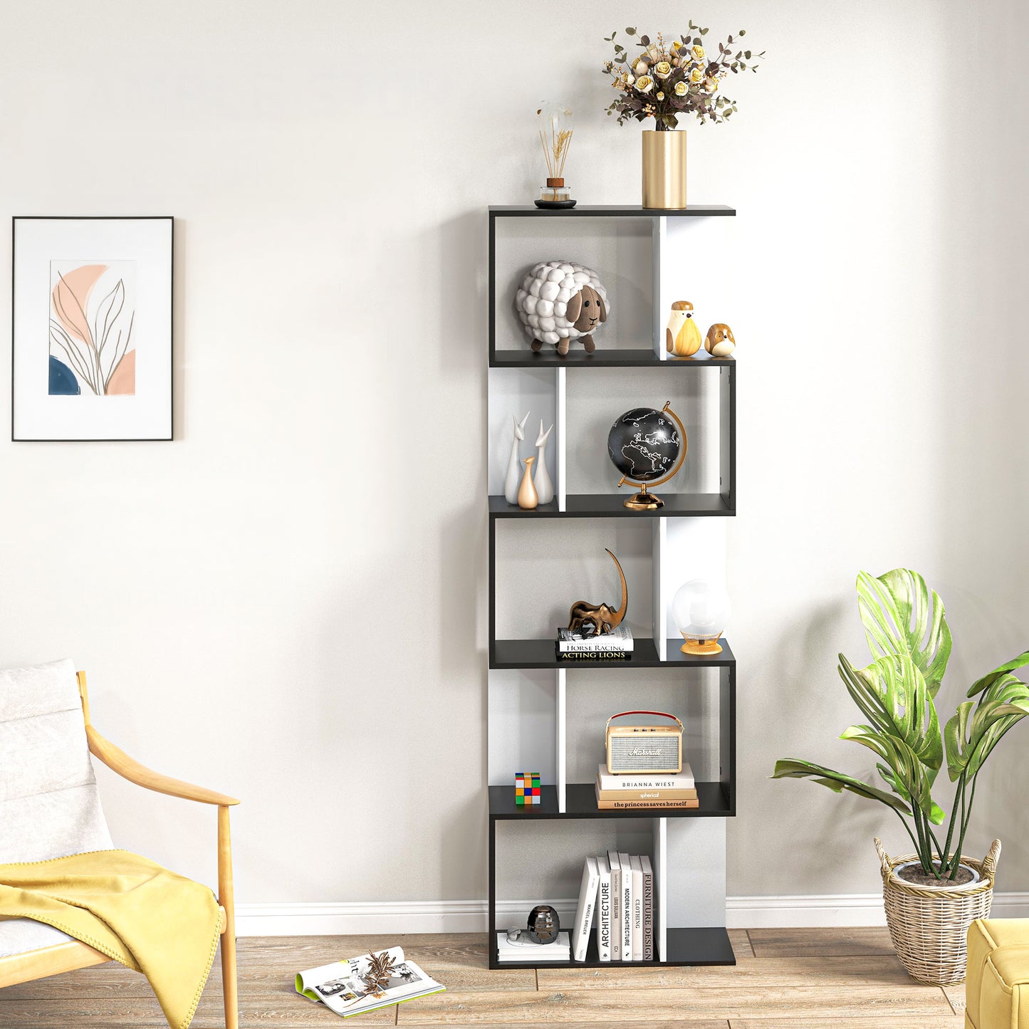 Modern 5-Tier S-Shaped Display Bookcase, Black