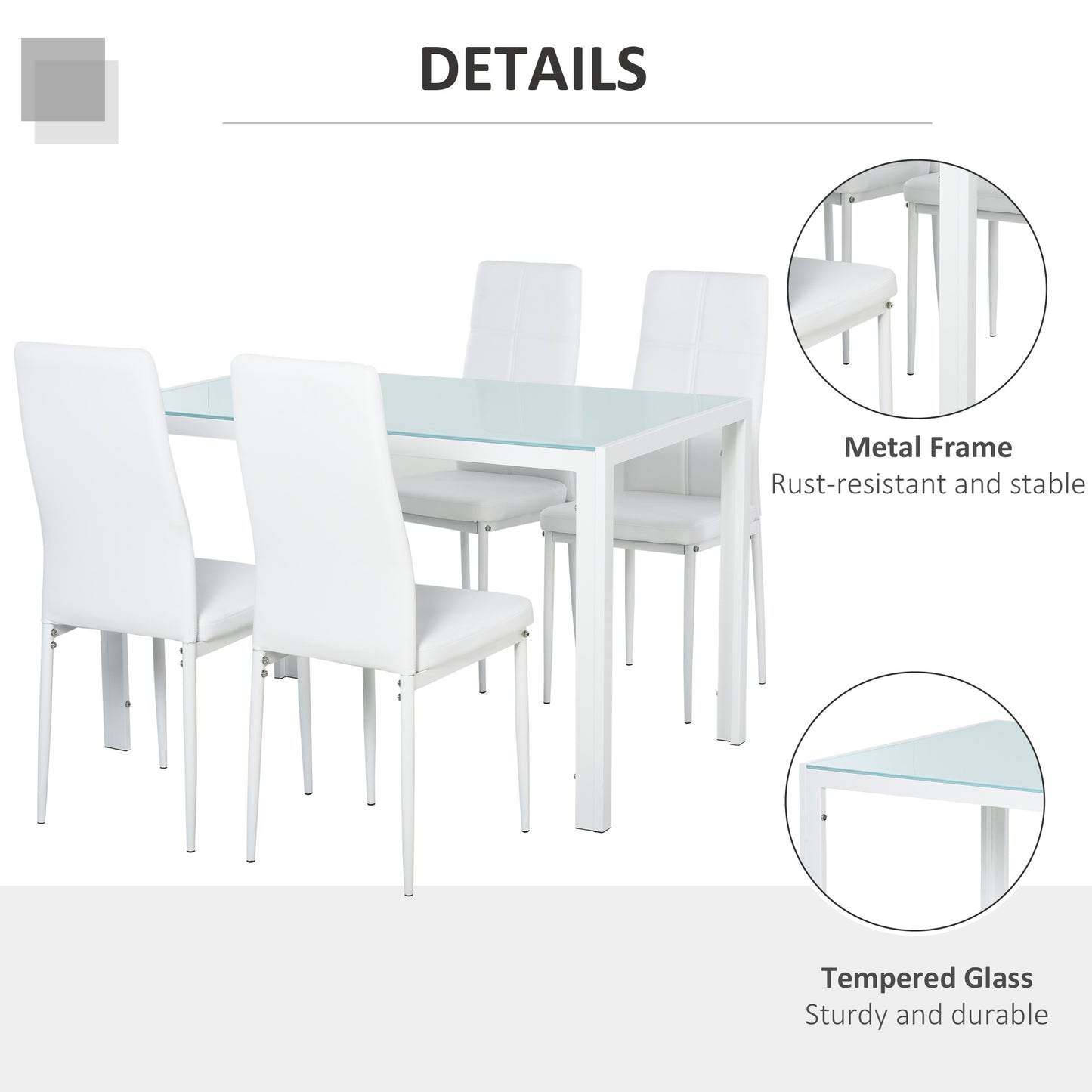5-Piece White Glass Dining Table Set with Faux Leather Chairs