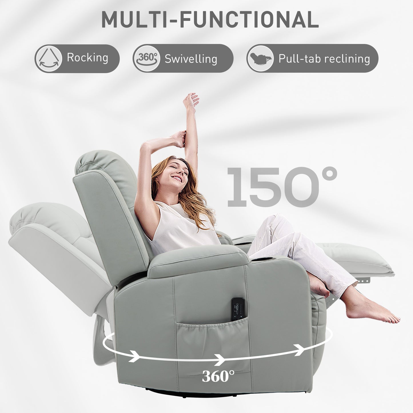 360° Swivel Massage Recliner Chair with Cup Holders, Light Grey