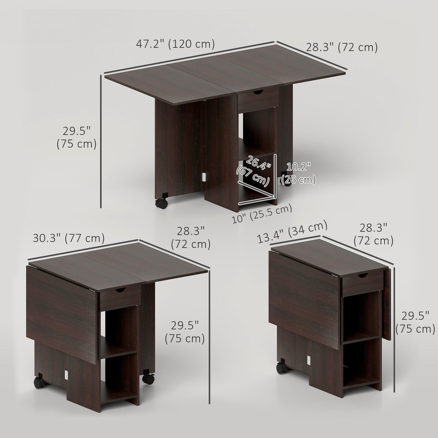 Folding Dining Table with Drawer and Storage Shelves - Dark Brown