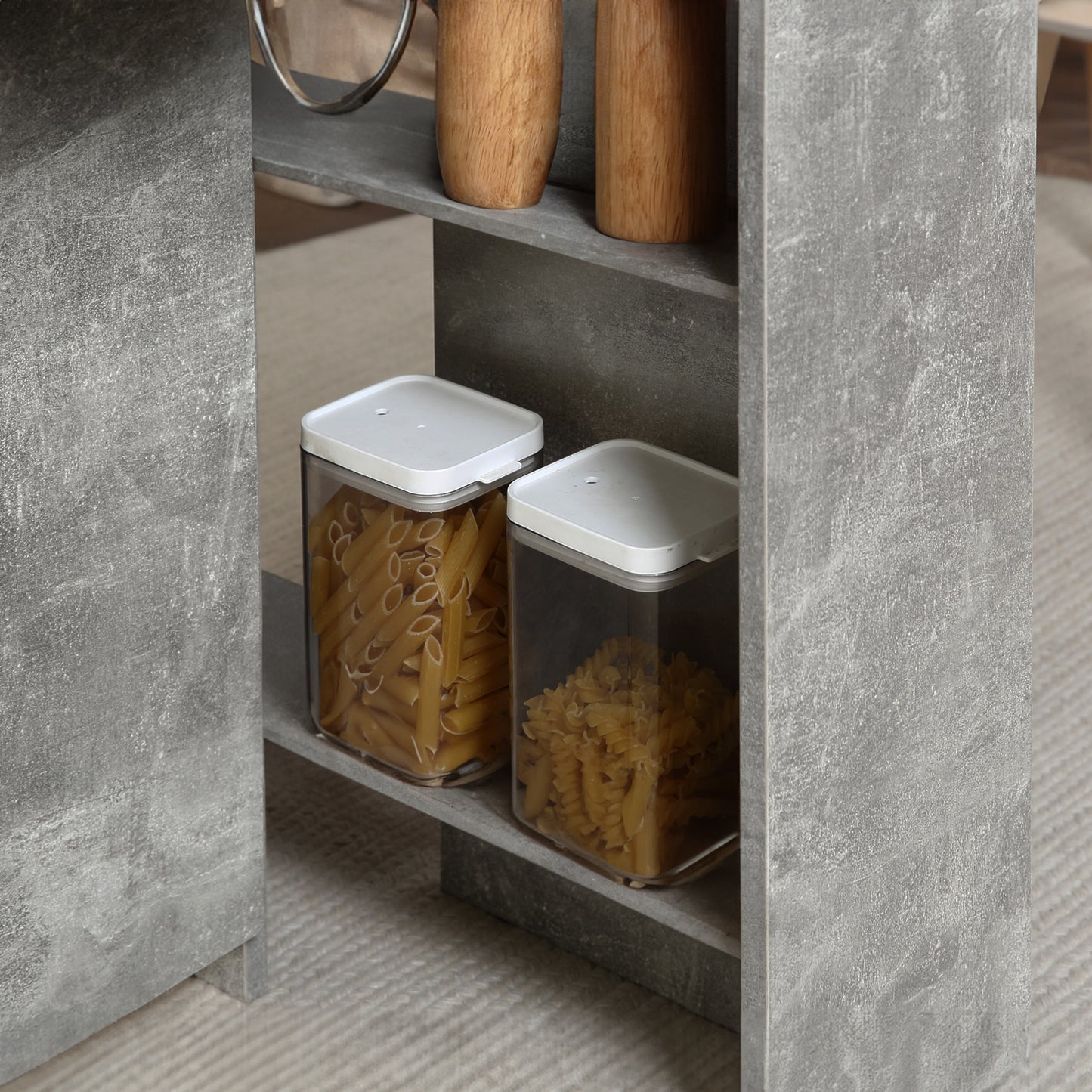 Grey Folding Dining Table with Shelves and Casters