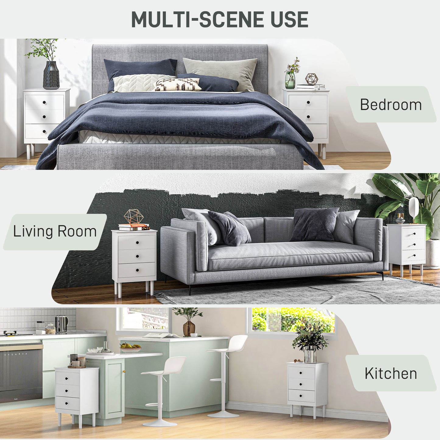 3-Drawer Modern Bedside Tables with Anti-Tip Design, White (Set of 2)