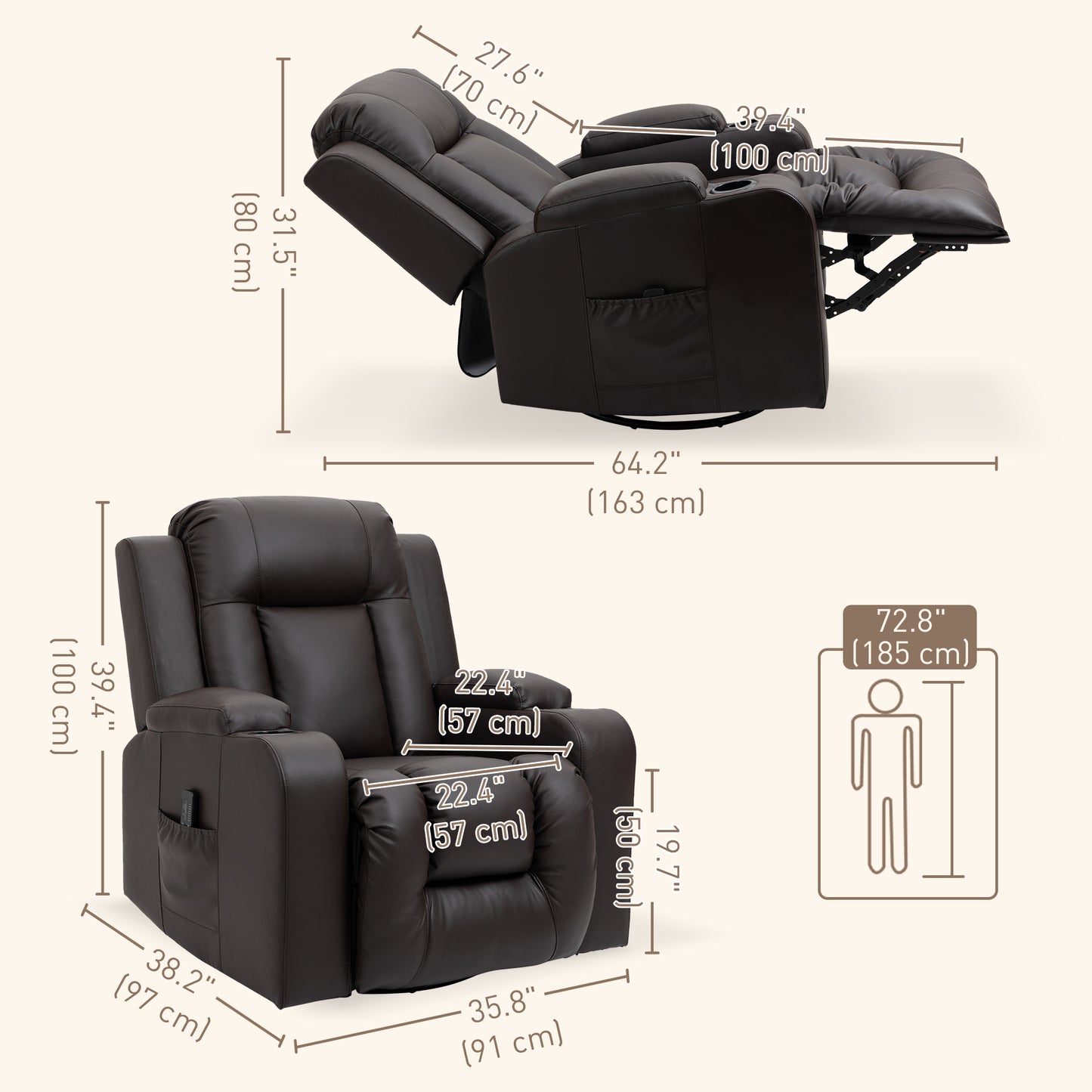 360° Swivel Massage Recliner Chair with Cup Holders, Brown